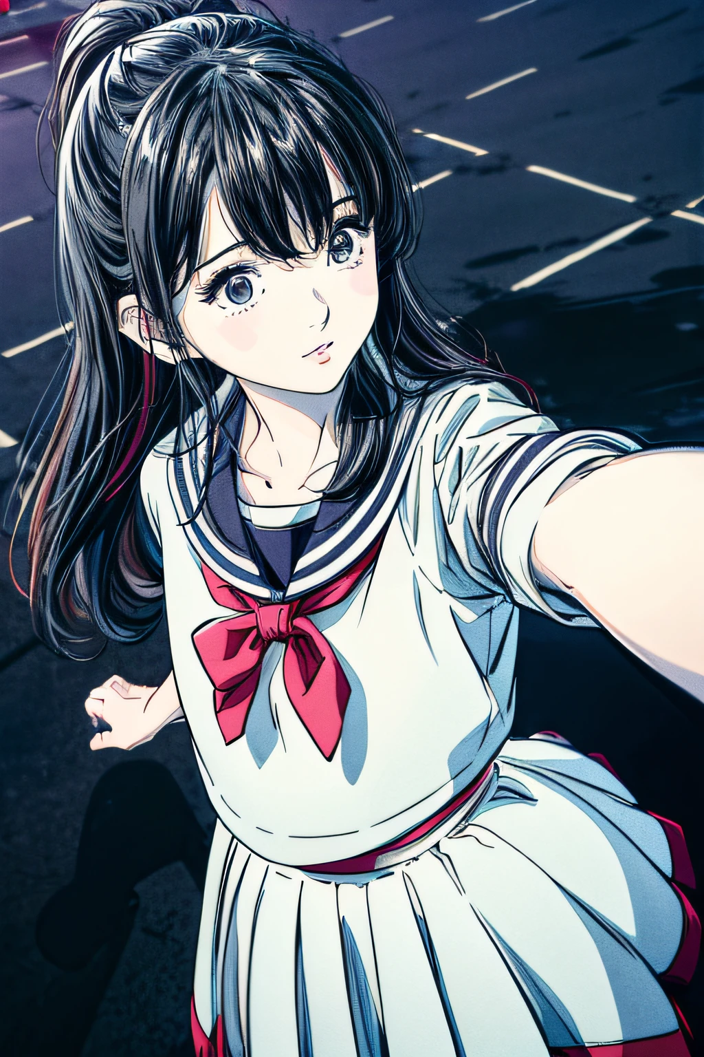 Solo_girl_hi-school girl、japanese hight school uniform,actionpose、cheerfully、Overflowing、ink art、((top-quality、8K、masterpiece:1.3))、(Clear focus:1.2)、(comic book style),(Pop),(linear art_Anime)、(PastelColors:1.2),((monotone_High Contrast Art:1.2))、flat chest、(the complex background:1.2),(Lola:add more details:1.2)、sharp outline、sharp lineart、Urban background、