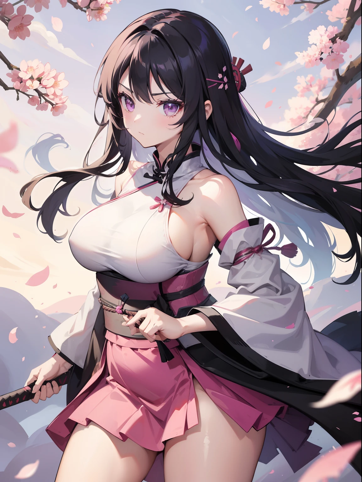 sword, Japanese sword in hand, black long hair , chubby curvy body, medium-large breast, purple eyes, pink sky, grass field background, flowers, Sakura trees, Chinese dress, no sleeves,torn dress, ripped dress in a fight