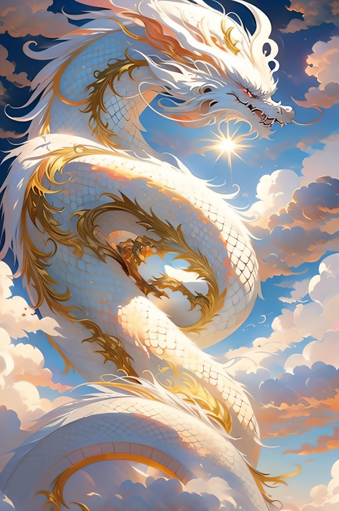 A white dragon,upon the clouds,Fire and sun as background