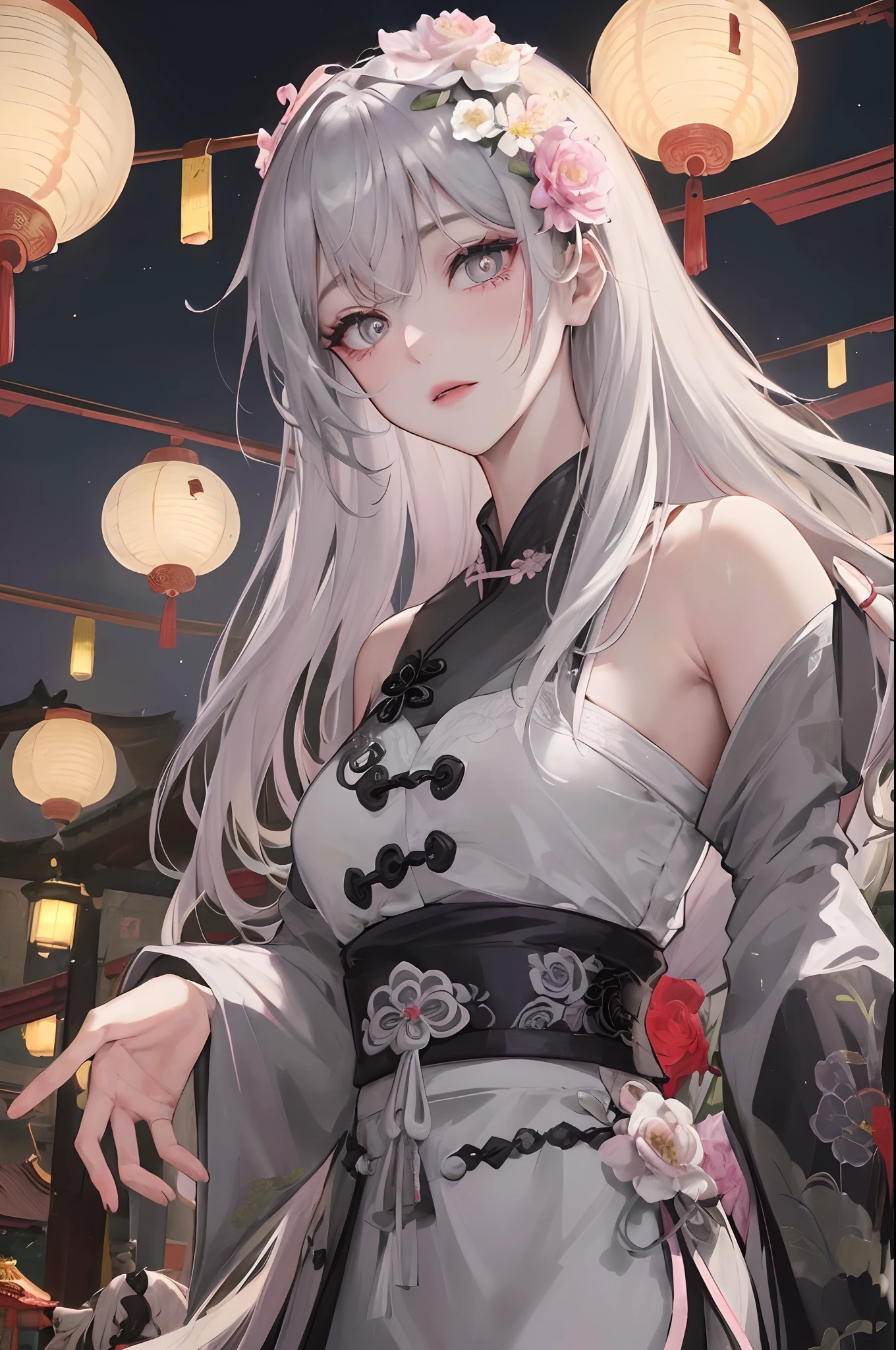 Masterpiece, Best Quality, Night, Full Moon, 1 Girl, Mature Woman, Chinese Style, Ancient China, Sister, Royal Sister, Cold expression, Face expressionless, Silver white long haired woman, Light pink lips, Calm, Intellectual, Three bands, Gray pupils, Assassin, Short knife, Flower ball background, Walking in the street scenery, Facial details