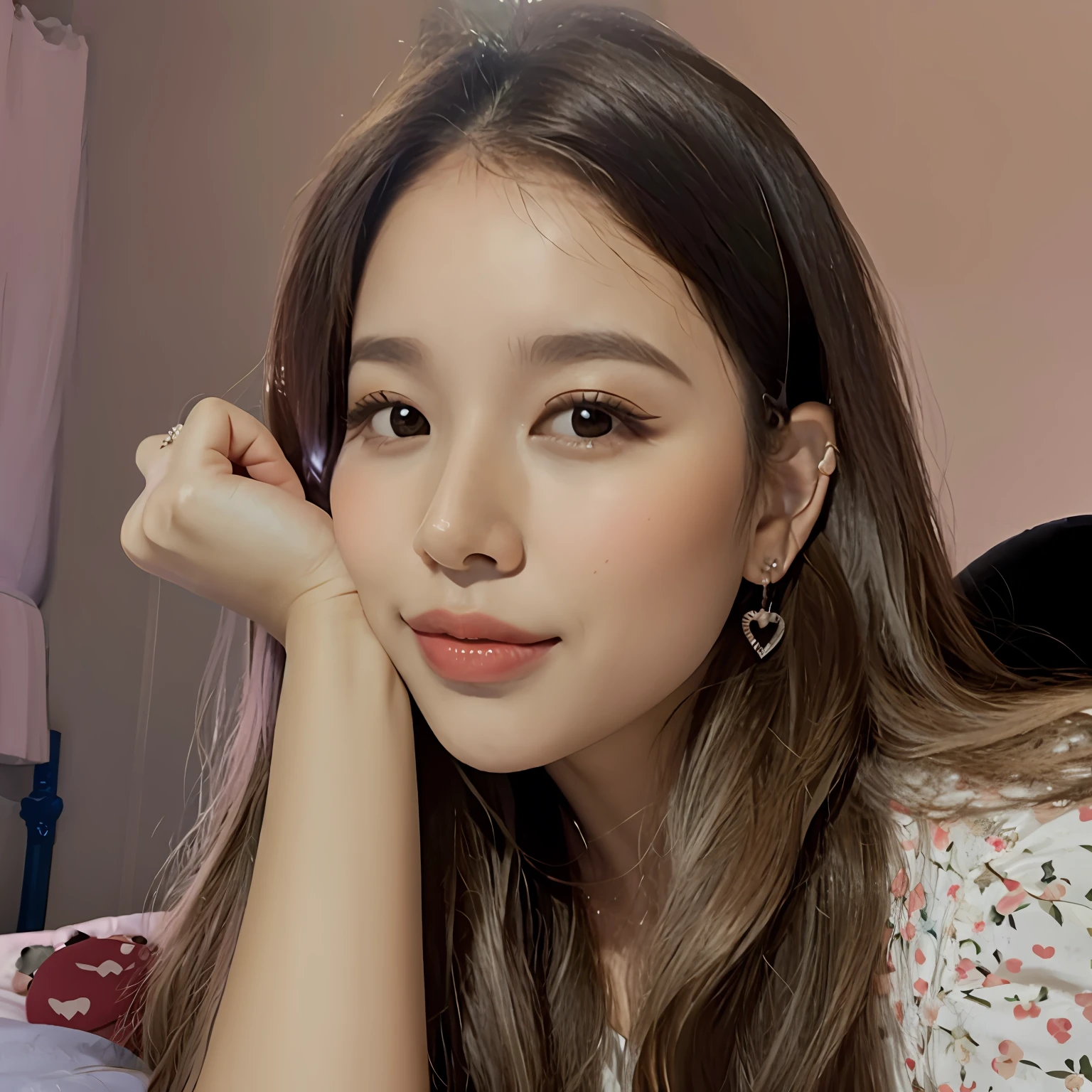 there is a woman that is laying down on a bed, Pokimane, Retrato Sophie Mudd, foto de perfil headshot, Kailee Mandel, small heart - shaped face, brincos enormes e maquiagem queer, Valentina Embaralhamento, selfie de uma jovem mulher, imagem de qualidade muito baixa, lovingly looking at camera, Poarch bonito, cabelos castanhos e olhos grandes
