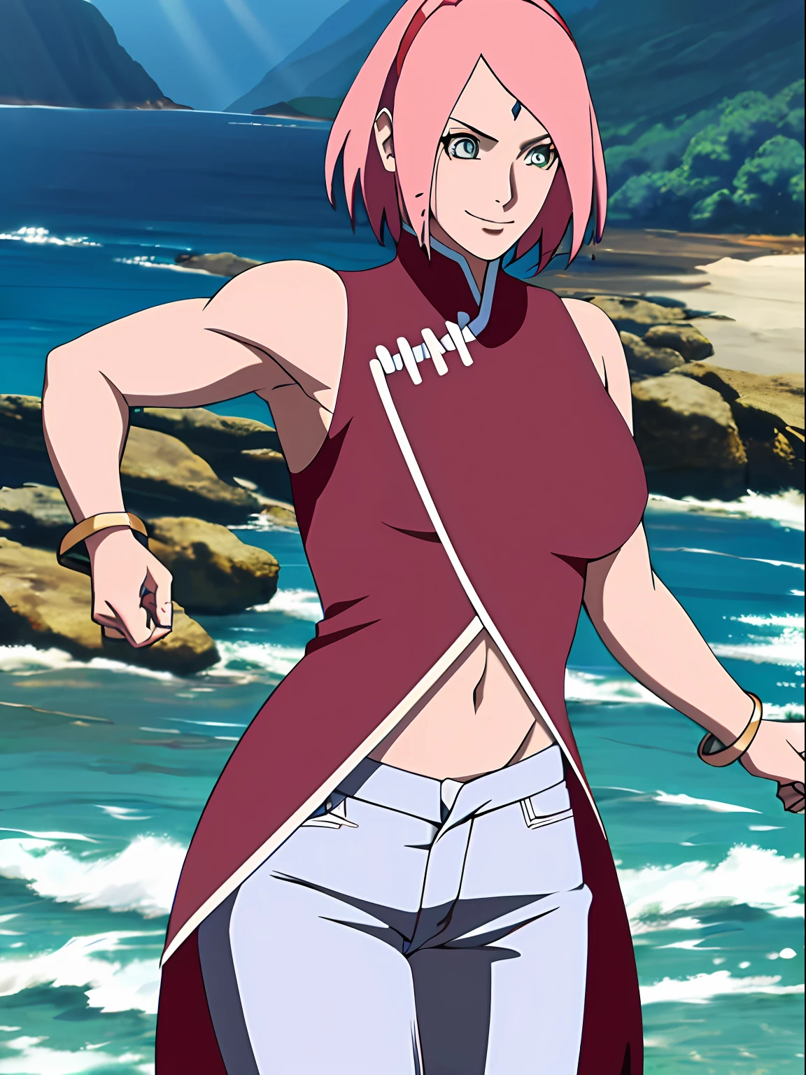 masterpiece, 4k, ultra hires, epic effects, portrait, official art, anime style, high brightness, best quality, 1girl, flexing arm muscles, haruno sakura, cowboy shot, professional artwork, detailed beach background, intricate details, colorful, digital blending, (ultra detailed body, ultra detail hair, ultra detail face), trending on pixiv,
hot smile, (forehead mark, milf, red hairband, pale skin, small breasts, short hair, ((red sleeveless dress, micro bikini top, bikini top only), (gold necklace), white pants), (flat belly, belly lines, navel, belly button, bracelet, pink hair, open eyes, big eyes), smile, beach, wind, floating hair, detailed arms, off-shoulders, broad shoulders, slightly muscular arms, (dirty armpits, armpit pocket), standing)