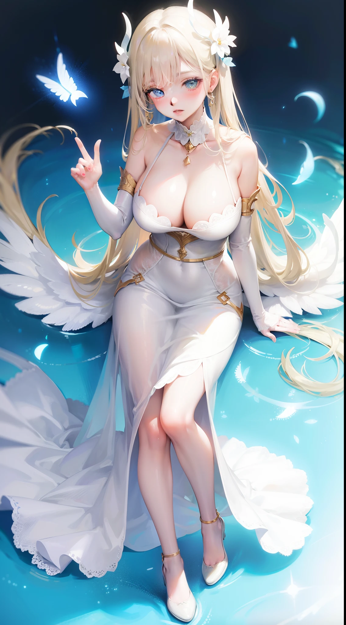 girl, blue eyes, open eyes, blonde hair, white transparent dress, long dress, white wings, gold accessory, mature girl, big breast, cleavage, full body