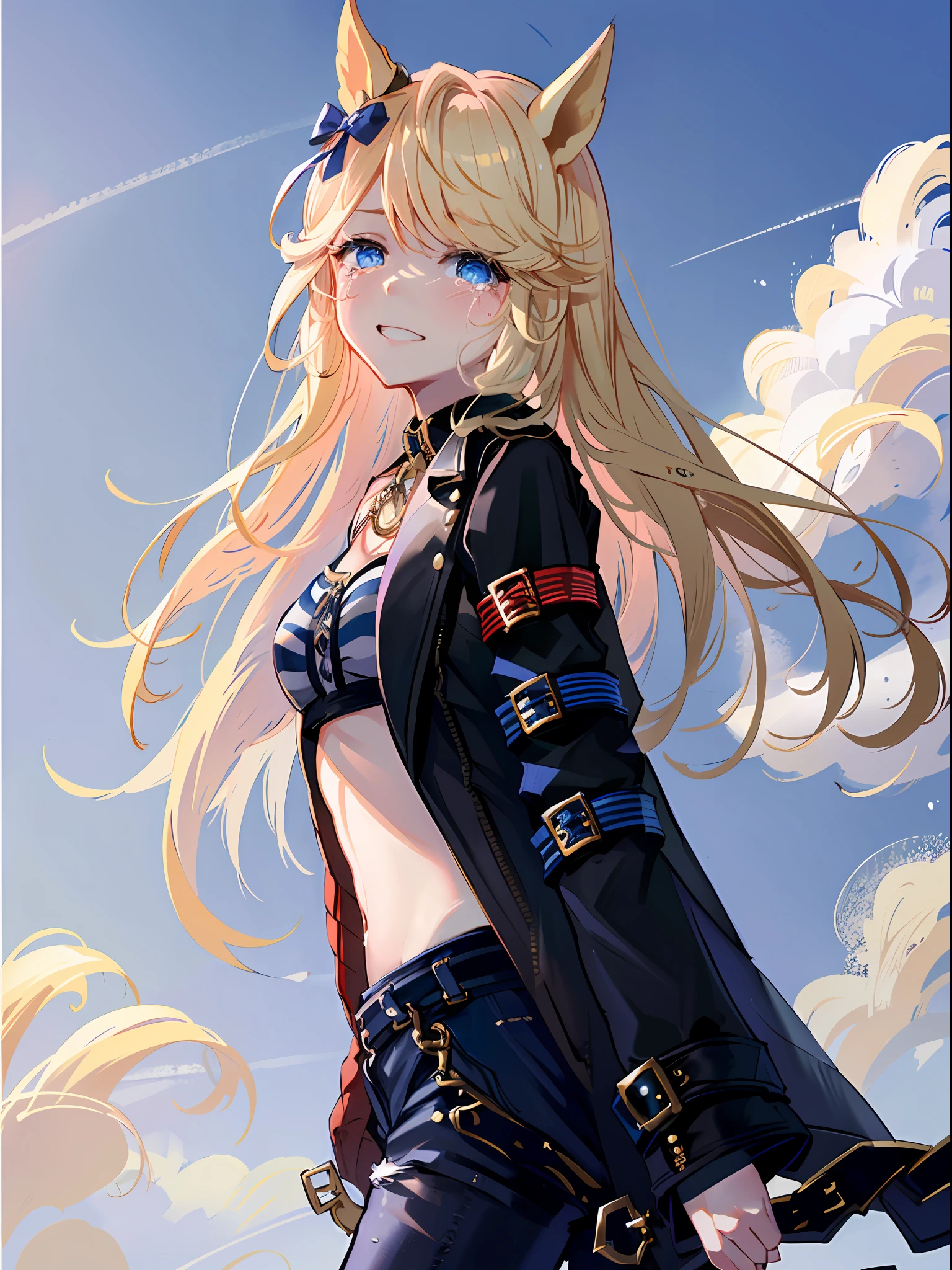(masutepiece.top-quality).(Dynamic Angle).1 girl in.Golden hair.long.Horse-eared girl.Golden horsetail.Beautiful eyes.smil.Holding your knees