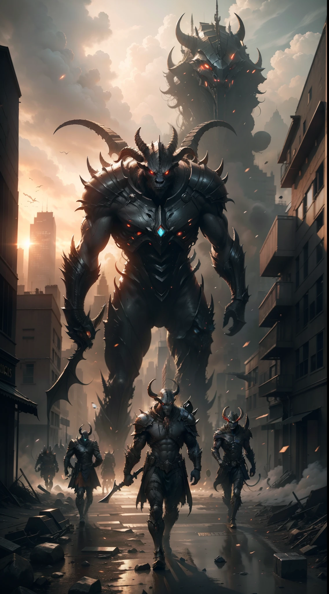 Alien armies invade cities，Goat-faced demon ，Wear military uniforms，Pick up the axe，red - eyed，unholy，Fierce，rampage ，Powerful，Stand at the highest part of the city，Observe the city，Below is the army of demons，Epic war fantasy digital art，Epic Technology, fantasy, Digital art，Futuristic fantasy，tmasterpiece，high qulity，8K，UHD resolution，Detailed detail drawing，realisticlying，Very realistic，cinmatic lighting,an award winning photograph,rich colours，hyper realistic lifelike texture，dramatic  lighting