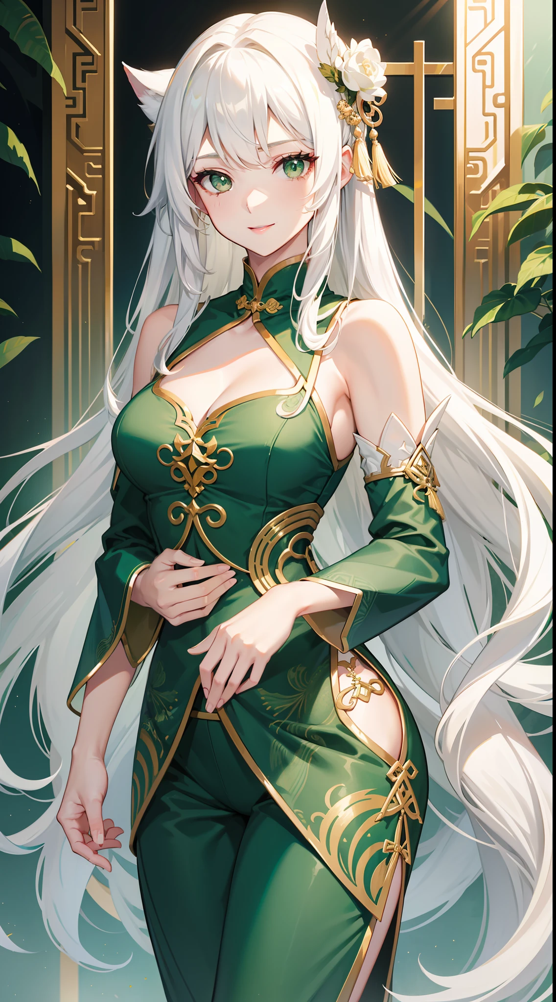 Adult woman, Long white hair, Green eyes, Green Chinese tight top, Chinese beautiful patterns, neckline on the chest, open breasts, baggy pants, Gold Elements, ssmile, Masterpiece, hiquality
