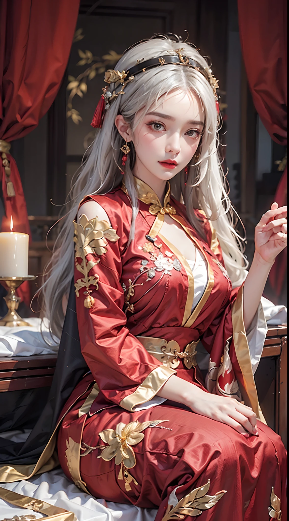 (masterpiece, best quality), Reality, a woman in a Red and gold dress, Hips up, (sleeping on a Red bed), white hair, Hips up, cosmetic, blush, shy, look down, cosmetic, (Forehead Point), (2 Red candles), Chinese_clothing, curtain, earrings,Hanfu, Internal, jewelry, Red nails, long_sleeve, Red dress, Red lips, tassel, (Red quilt), (Red palace: 1.2), (ancient Chinese architecture), (Red: 1.8), night,Wide open legs, a perverted 11 year old boy is peeking her at window