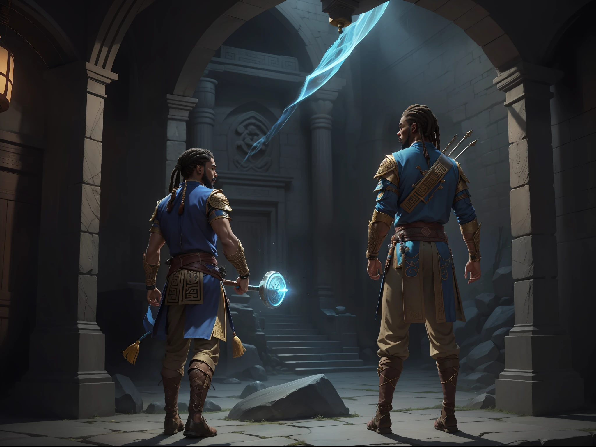 (absurd, intricate details, masterpiece, best quality, high resolution, 8k), 1 male, african american, brown eyes, dreadlocks, confident mouth with his back to the audience, holding an ak-46 assault rifle, jousting platform, there is a tall stone in the middle, the man stands in front of the stone, one hand touches the stone, the stone glows blue, test, tall, back to the audience, (Style Swirl Magic: 0.7), (Full Body: 0.6), (Chinese Fantasy Theme: 1.1), Martial Artist, Many Onlookers Around, Fingerless Gauntlet, Wristband, Rotating Floating Particles, Mysterious Chinese Martial Arts Style, Daytime, Depth of Field.