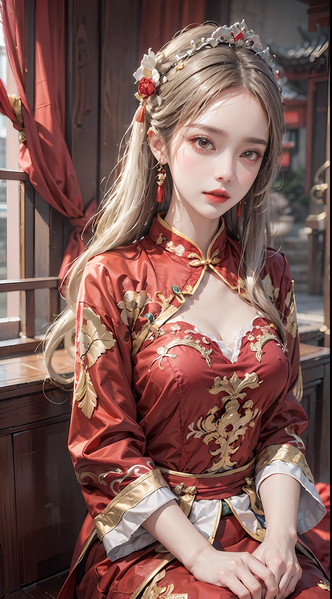 (Ultra-realistic 8k CG: 1.2), perfect artwork, delicate patterns, intricate details, (unparalleled masterpiece, best quality: 1.2), (extremely complex: 1.2), a woman in a red and gold dress, phoenix crown, hair stick, (sitting on a red bed), makeup, blush, shyness, white hair, looking down, cosmetics, (forehead point), (2 red candles), Chinese_clothes, curtains, earrings, hair_ornament,hanfu, interior, jewelry, red nails, long_sleeves, red dress, red lips, tassels, (red quilt), (red palace: 1.2), (ancient Chinese architecture), (red: 1.8), night