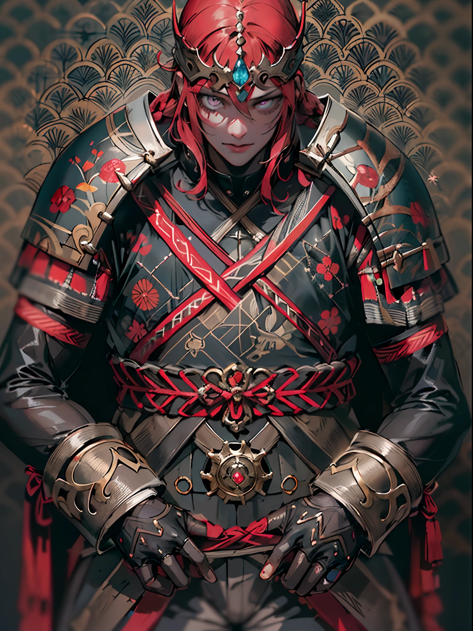 parte superior del cuerpo de un guerrero vikingo con armadura de pieles ornamentada, cuello negro, pauldrons, peto, aura brillante, single braid, rubia, ojos rojos brillantes, pupilas brillantes, enfoque de ojos, capa roja, templo en el interior, vidrieras, noche, luz de luna, particuls, haz de luz, chromatic abberation