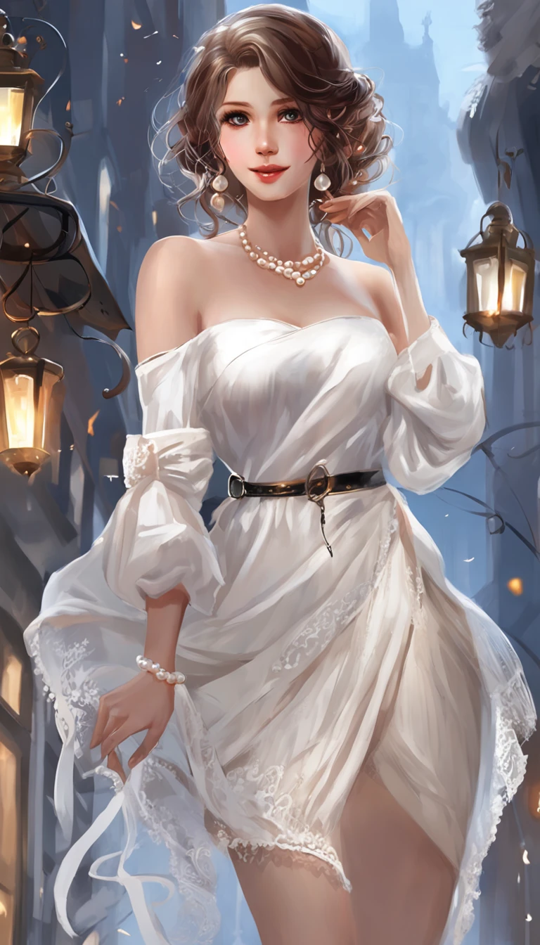 ((from below)), ((full body)), ((realistic)), (((off shoulder clothes))), standing on your feet, erect through, during night, (An extremely delicate and beautiful work), (Masterpiece), 1girll, ((White sweater, Short black skirt, high-heels)), Highly detailed, curlies, long whitr hair, Enchanted expression, beautiful and clear eyes, blue eye pupil, Delicate pearl necklace, Delicate earrings, Simple blurred background, Extreme detail description, Charming, Ultra-fine painting, Delicate face, slim toned body, Fine collarbones, mix4,(8K, RAW photo, best qualtiy, Masterpiece:1.2), Cityscape, Night, rain, Wet, Professional lighting, フォトンマッピング, ラジオシティ, Physically-based rendering, (correct hand), (anatomy correct)