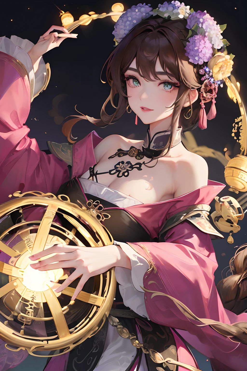 Masterpiece, Best quality, Night, full moon, 1 girl, Mature woman, Chinese style, Ancient China, sister, Imperial sister, Smile, Brown hair, Princess cut, Fried dough twisted braid, Coiled hair, Double ball head, Light pink lips, calm, Intellectual, Split ends in the middle, Green pupils, Hairpin, hydrangea,