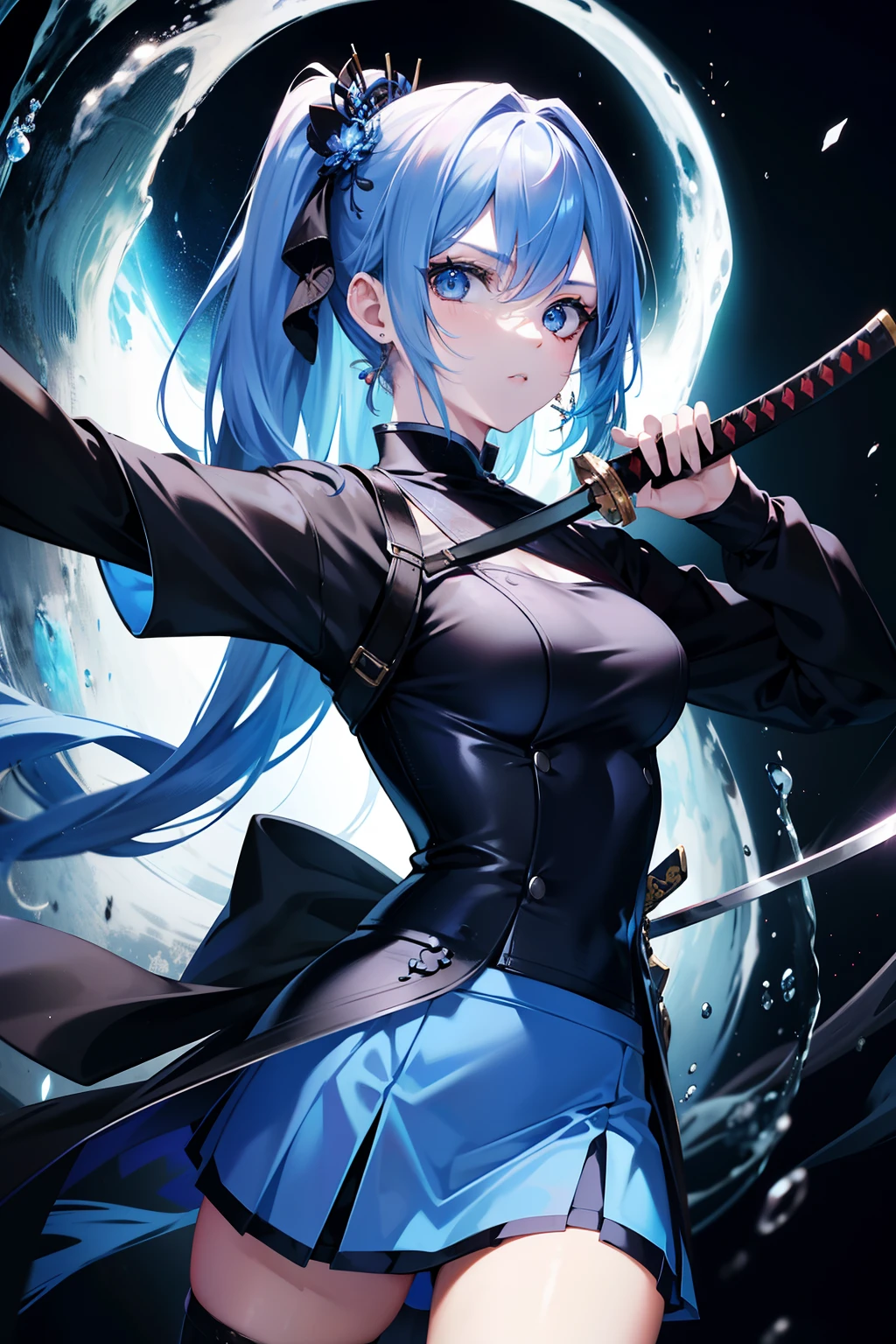 Unprecedented masterpiece, Holding a katana、Sexy and colorful、Blue、((A miniskirt))、frilld、Handsome girl、A detailed face、face perfect、perfect eyes、high detal,Serious