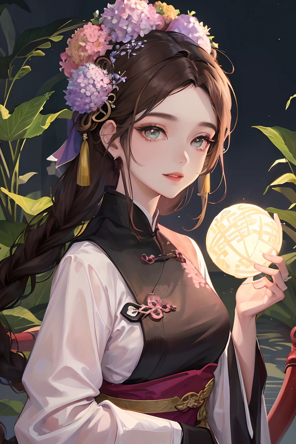 Masterpiece, Best quality, Night, full moon, 1 girl, Mature woman, Chinese style, Ancient China, sister, Imperial sister, Smile, Brown hair, Princess cut, Fried dough twisted braid, Coiled hair, Double ball head, Light pink lips, calm, Intellectual, Split ends in the middle, Green pupils, Hairpin, hydrangea,
