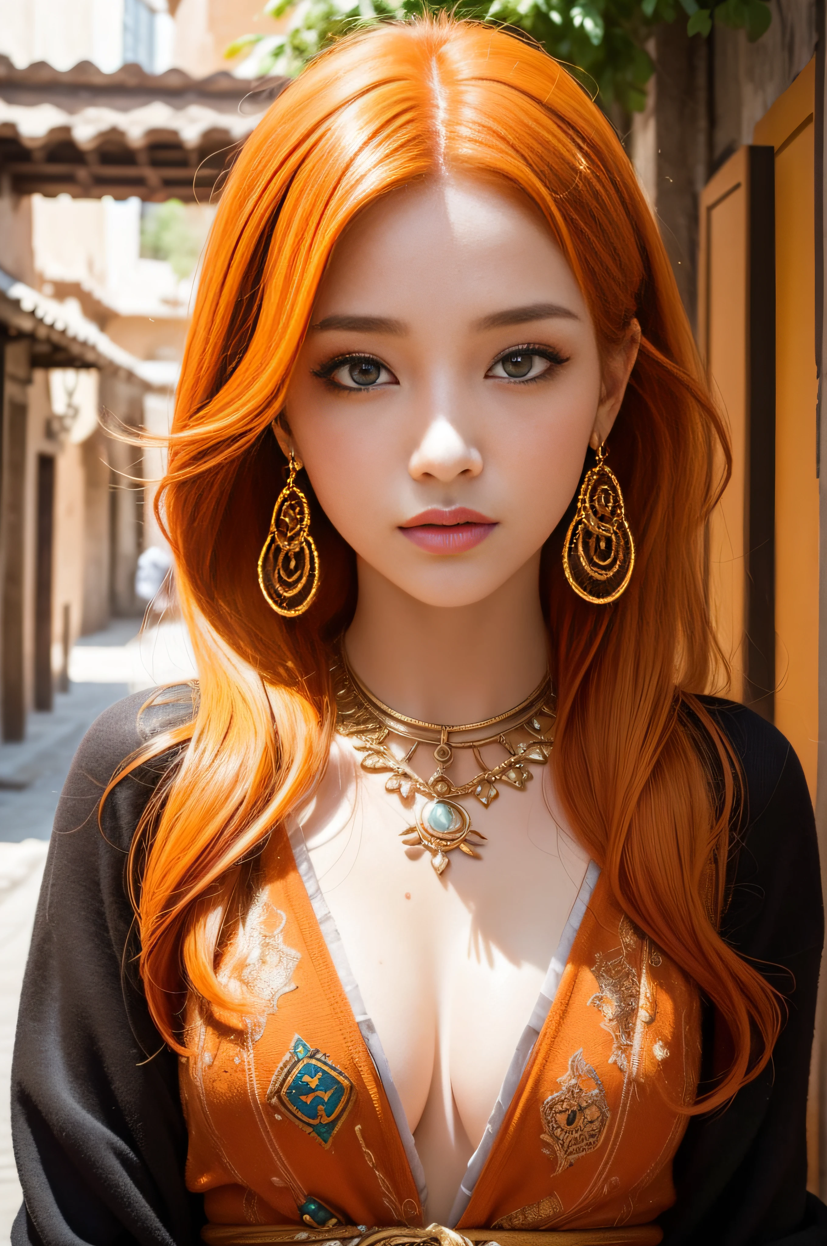 xxmix_girl, detailed eyes, spice-orange hair, a woman navigates the labyrinthine alleys, surrounded by the rich scents and colors of exotic wares. Her spice-orange hair is reminiscent of the aromatic stalls, becoming a vivid highlight amidst the sensory overload. Her eyes, curious and adventurous, soak in the eclectic tapestry of Moroccan culture.