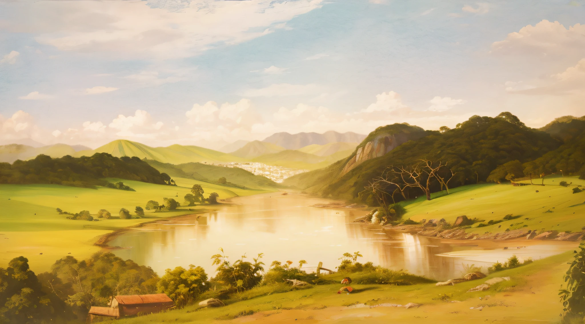 pintura de um rio que atravessa um vale verde exuberante com montanhas ao fundo, colinas fluidas, 8k resolution digital painting, 8k resolution digital painting, Pintura digital 4K, Pintura digital 4k, pintura digital detalhada, baixo detalhamento. pintura digital, Pintura Digital de Alto Detalhe, peaceful landscape, rio, trees and hills, pintura detalhada 4K, pintura digital 4k