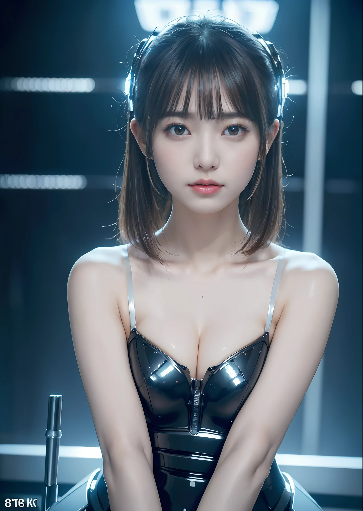 NSFW,((top-quality、in 8K、​masterpiece:1.3))Wearing a silvery-white mech，Girl with a delicate face，The highest image quality，ultraclear，Facial features are delicate and clear，Armageddon，machine arms，exquisitedetails，(cammel toe)、Mechanical pattern,cyberpunked、Cyber City、digital、century、tron、()