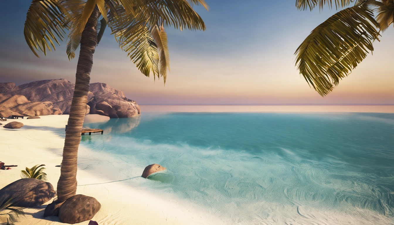 the sea,sandbeach,Bikini beauty,coconut palms,the sea,adolable,Yellow-haired woman,ultra-clear,8k,tmasterpiece,Best quality at best,cg,gorgeous bikini model,