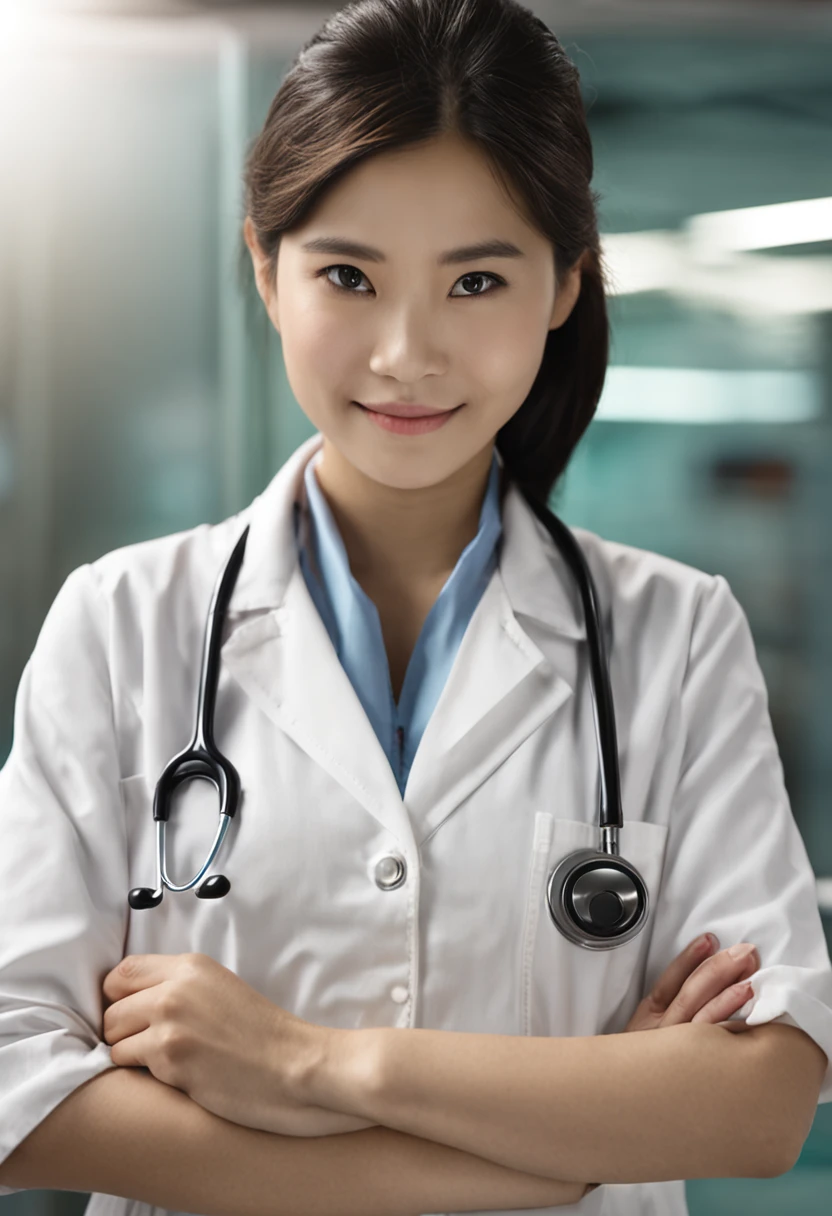 asian girls with black glasses in a lab coat, hair is framed lightly around face, looks thai with lighter skin, stethoscope around neck, with an eyesmile and dimple on one side, medium sized nose, mole under left eye, medium boobs, plump lips, close up