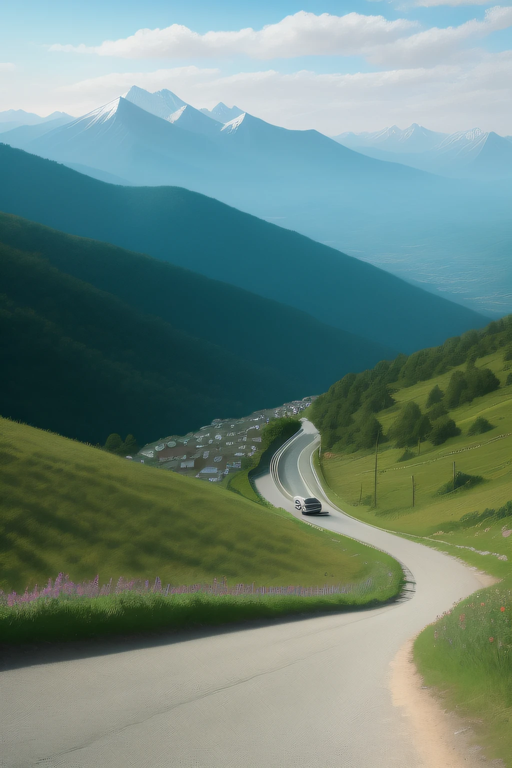 In the distance, the Song Mountains are steep,A small car drove along the winding road down the hill