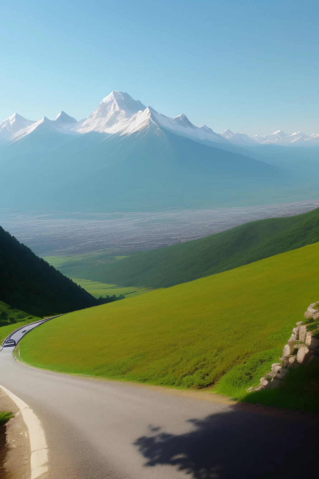 In the distance, the Song Mountains are steep,A small car drove along the winding road down the hill