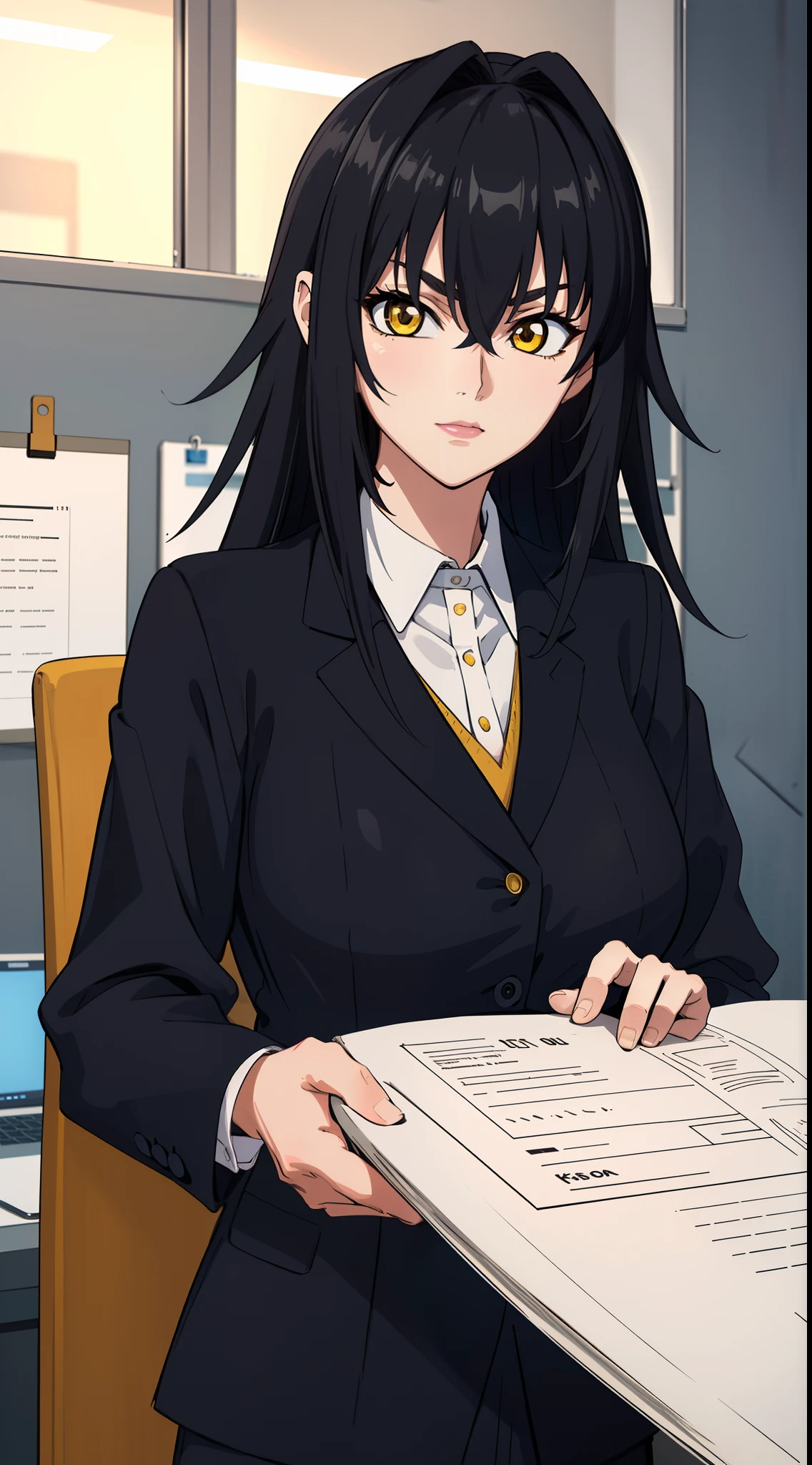 professional artwork, Intricate Details, field of view, sharp focus, detailed painting, photorealistic lighting, trending on pixiv,(masterpiece:1.0),(best_quality:1.0), ultra high res, ultra-detailed, photography, 8K, HDR, highres, absurdres:1.2, Kodak portra 400, film grain, sharp focus, bokeh:1.2, lens flare, (vibrant_color:1.2), (((indoors, dark night district))), Annerose, 1girl, female mature, ((long hair, black hair:1.4)), (yellow eyes), large breasts, ((formal clothes, office suit:1.4)), soft skin, hair intakes, (solo:1.4), (upper body, half body shot, caring), confident, energetic
