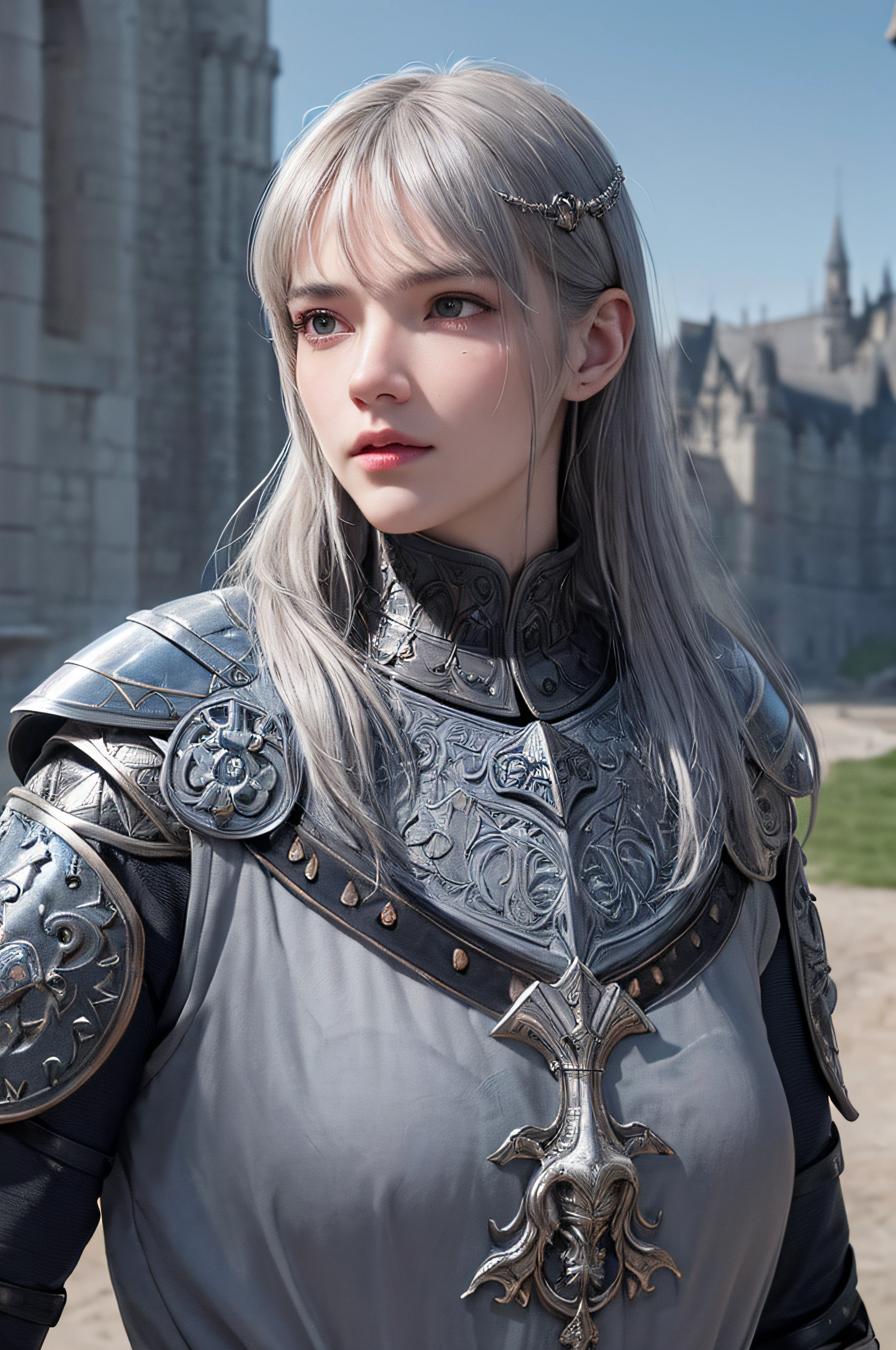 photorealistic, top quality, masterpiece, cinematic composition, slow motion, (medium shot of a medieval knight, sombre and weathered face, beard, grey hair:1.2), chain mail and plate armour, (realistic and detailed|intricate armour:1.1), (visible face:1.3), (photorealistic physiognomy|eyes|iris|skin|musculature, detailed skin, skin texture, natural skin), (holding a sword in his hand:1. 2), frontal perspective, imposing and determined pose, looking forward with determination, skin imperfections, natural skin wrinkles, natural skin spots, highly detailed clothes, abundant details, intricate details, realistic wrinkles in clothing, medieval fantasy landscape, cloudy sky, castle in the background in the distance, radiant lighting, deep shadows, dramatic scene, dark and cool colour palette, blue and grey tones, No other characters in the scene, abundant detail|intricate, detailed landscape, volumetric lighting, (detailed lighting), (detailed light reflections on armour:1. 1), 8k, highly detailed, UHD, HDR, photorealistic facial expression|hairstyle
