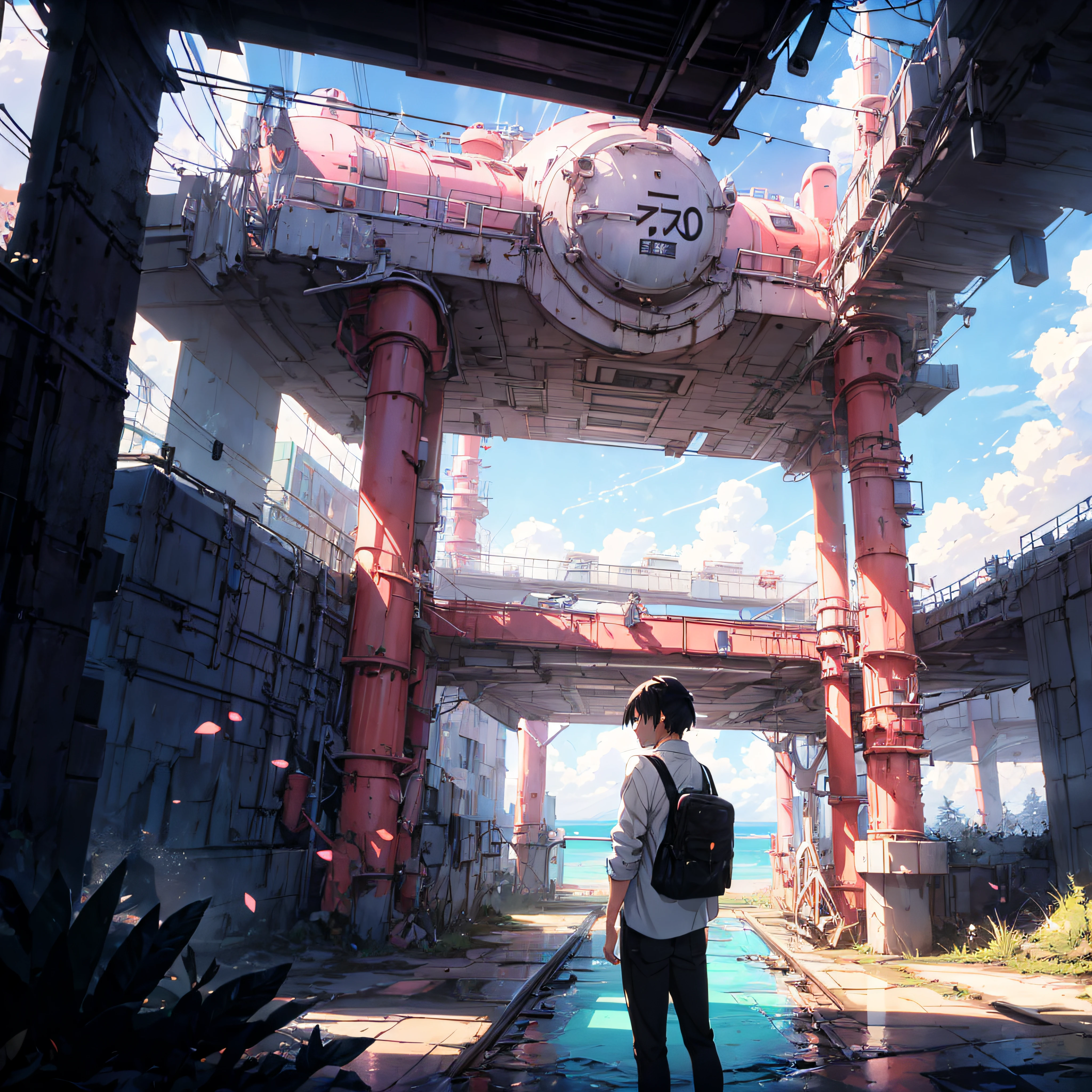 Masterpiece, anime train on tracks through a body of water, pink train. Romantic Train, Makoto Shinkai's picture, pixiv, concept art, lofi art style, reflection. by makoto shinkai, lofi art, beautiful anime scenes, anime scenery, detailed scenery—width 672, in style of makoto shinkai, style of makoto shinkai, details enhanced, a young man with black hair, white shirt, black jeans, blue sky, comets.
