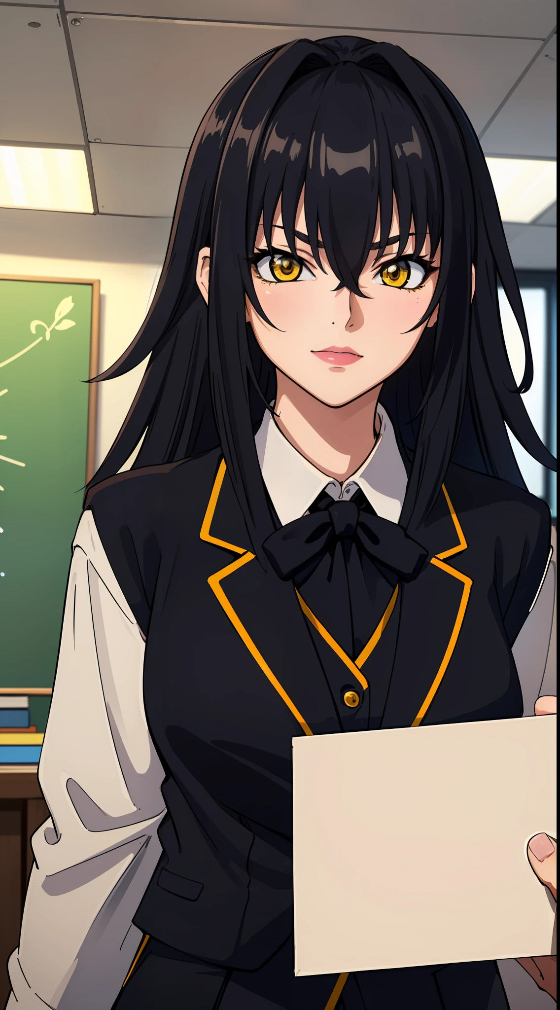 professional artwork, Intricate Details, field of view, sharp focus, detailed painting, photorealistic lighting, trending on pixiv,(masterpiece:1.0),(best_quality:1.0), ultra high res, ultra-detailed, photography, 8K, HDR, highres, absurdres:1.2, Kodak portra 400, film grain, sharp focus, bokeh:1.2, lens flare, (vibrant_color:1.2), (((indoors, dark night district))), Annerose, 1girl, female mature, ((long hair, black hair:1.4)), (yellow eyes), large breasts, ((formal clothes, office suit:1.4)), soft skin, hair intakes, (solo:1.4), (upper body, half body shot, caring), confident, energetic