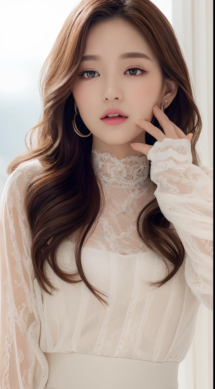 ((top-quality、8K、masterpiece:1.3))、realskin、Marble background、FULL BODYSHOT、1人、Beautiful woman with slender abs:1.3、(long curly hair、爆乳:1.2)、sexy facial expression、big eye、Long Sleeve White Lace High Neck Shirt:1.1、hyperdetailed face、A detailed eye、Double eyelid hands on face、Korean Beauties、White lace skirt、piercings、beautiful and long legs、high-heels、Walking