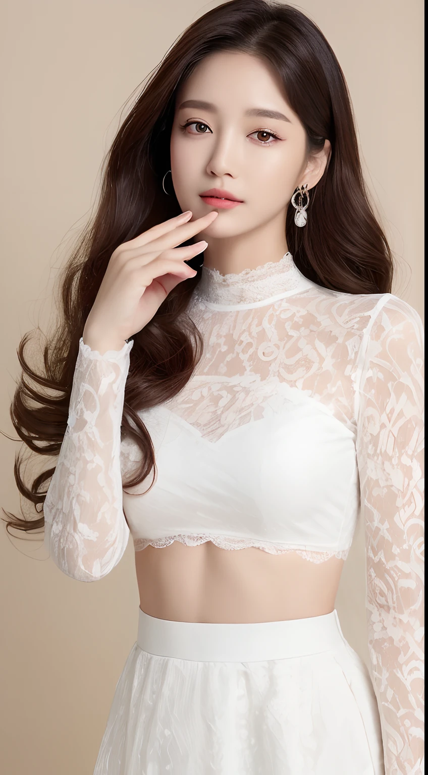 ((top-quality、8K、​masterpiece:1.3))、realskin、Marble background、FULL BODYSHOT、女の子1人、Beautiful woman with slender abs:1.3、(long curly hair、爆乳:1.2)、sexy facial expression、big eye、Long Sleeve White Lace High Neck Shirt:1.1、hyperdetailed face、A detailed eye、Double eyelid hands on face、Korean Beauties、White lace skirt、piercings、beautiful and long legs、high-heels、Walking