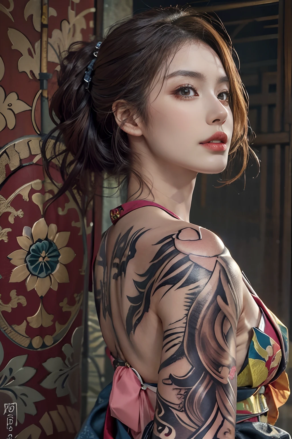 Photorealistic, High resolution, 1womanl, Solo, hips up high, look at viewr, (Detailed face), Kimono, The tattoo, Jewelry