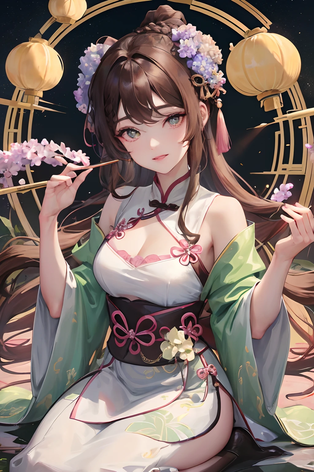 Masterpiece, Best quality, Night, full moon, 1 girl, Mature woman, Chinese style, Ancient China, sister, Imperial sister, Smile, Brown hair, Princess cut, Fried dough twisted braid, Coiled hair, Double ball head, Light pink lips, calm, Intellectual, Split ends in the middle, Green pupils, Hairpin, hydrangea,