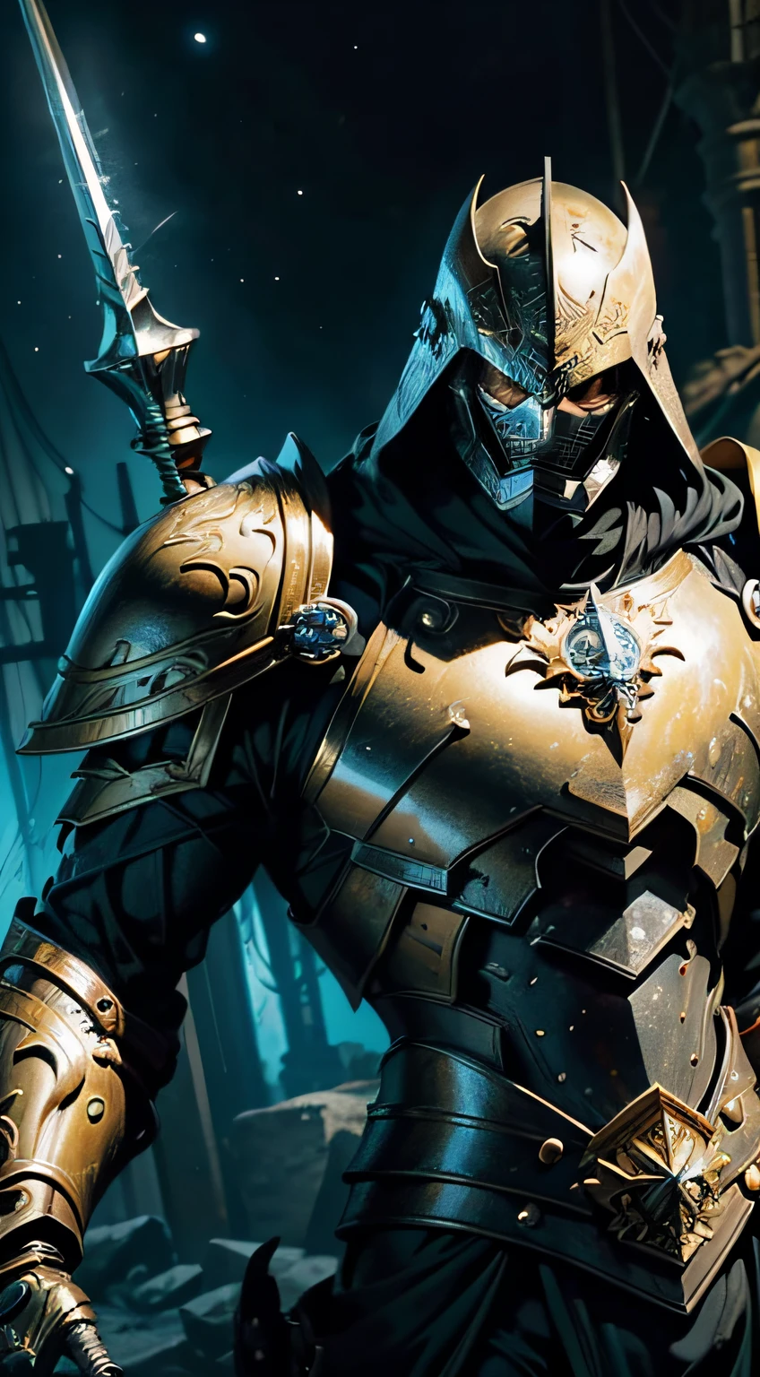 Knight Man (illustration detailed: 1.3) (full bodyesbian: 1.3) 8K resolution photos, Splash Art, fantastic comic book style, Fotorrealista, intense visuals, Anatomically realistic digital painting, a portrait of a man (mtu: 1.3), a person (warriors: 1.3) black and gold, (heavily armored: 1.3) in a (Dark universe: 1.3), light particules, Very detailed skin, warriors, very detail eyes (Antique ring style: 1.3), ( warhammer style:1.1), Concept artist, global ilumination, depth of fields, Splash Art,