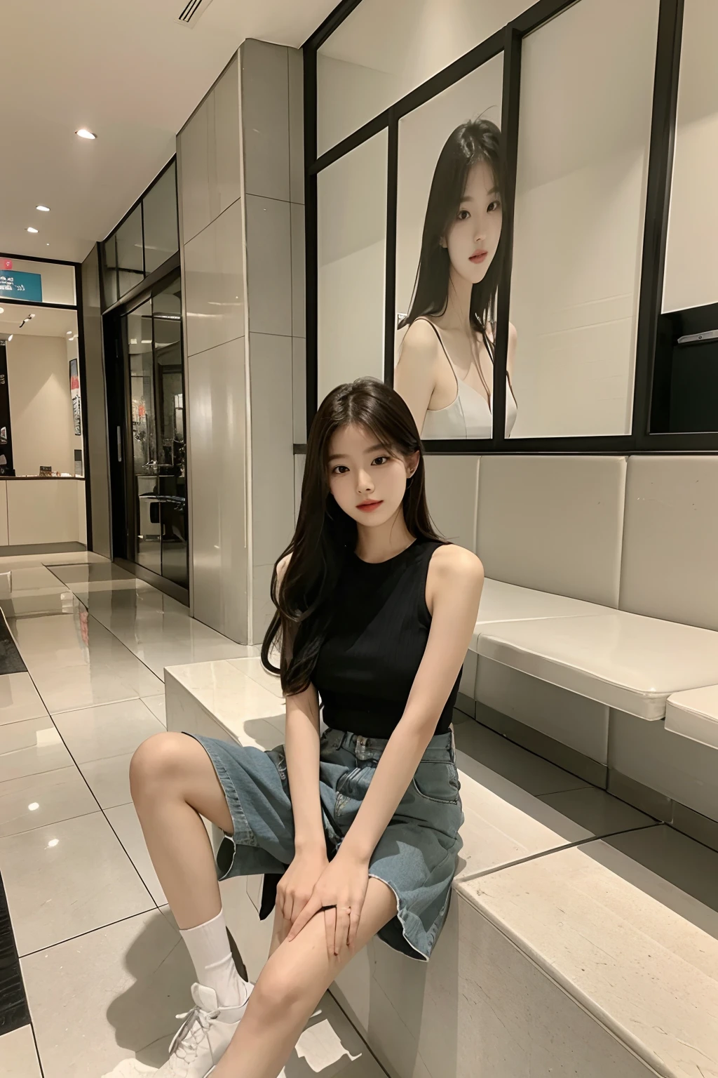 insanely detailed, absurdres, city, female, shy, embarrassed, squatting, looking at viewer, long hair, black hair, black eyes, tall, slender, mini skirt, tank top, in the city, at midnight, full body shot, front view, ground-level shot