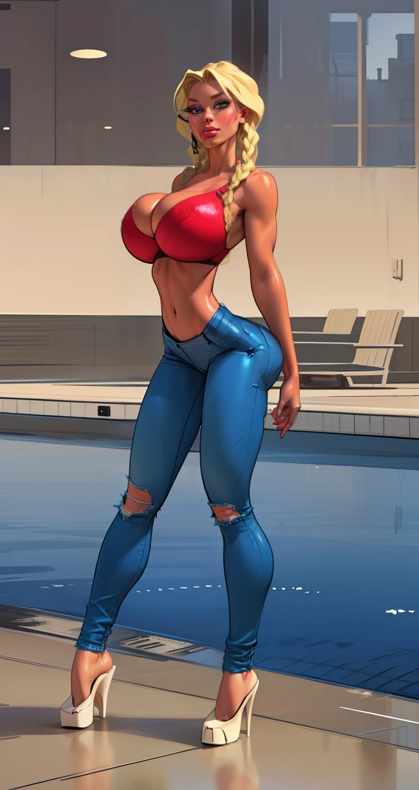 sexy ((twin braids:1.3)) wearing (tight distressed jeans:1.4)(perfect face), detailed face, (symmetrical eyes), perfect nose, (wears red bra:1.2), (gigantic breasts:1.5) (blonde hair combed to side:1.6)analog style posing against a pool filled with guests, cinematic movie still frame,