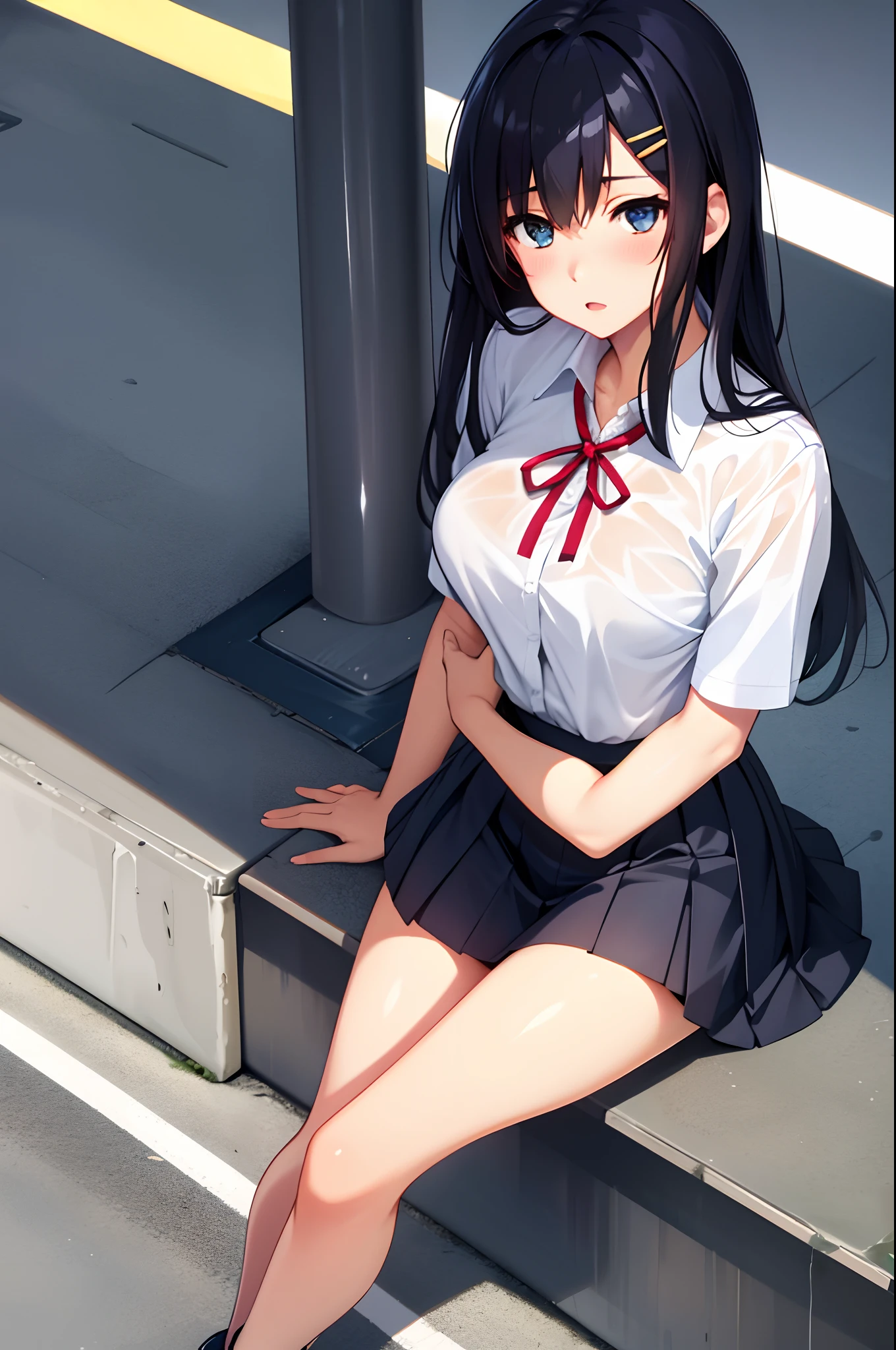 realistic, upward, sideways, school uniform, shirt, ribbon, wet, skin, perfect eyes, middle breast, body line, high waist skirt, urban background, sitting, long hair, mini skirt, bra, hair ornament, bullish, looking up, panties, panty shot, black hair