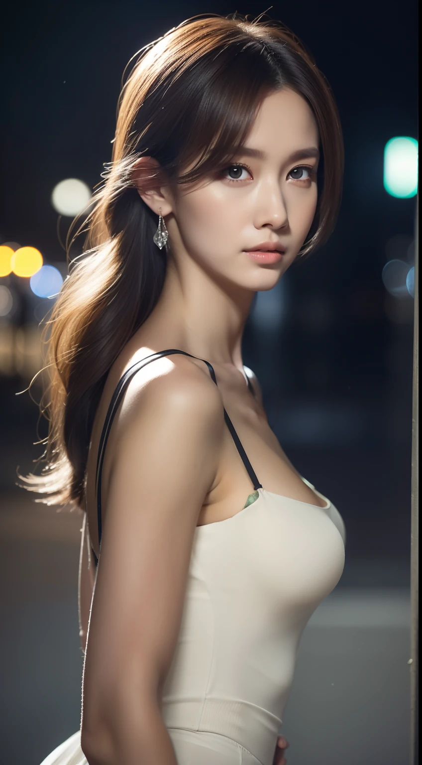 (Stand on a dark street),(the street lights),(Low-key lighting),(Night),randome pose, (An extremely delicate and beautiful work), (Masterpiece), 1girll, Highly detailed, waist leaking, Ponytail Contortion, Enchanted expression, beautiful and clear eyes, green eye pupil, Delicate necklace, Delicate earrings, fairy ears, Simple blurred background, Extreme detail description, Beautiful, Charming, Ultra-fine painting, Delicate face, Delicate figure, Fine collarbones, lovely lips, Beautiful breasts, soft behind, mix4,(8K, RAW photo, Best quality, Masterpiece:1.2), (Realistic, photo-realistic:1.37),1girll,Cute,Cityscape, Night, rain, Wet, Professional lighting, photon maping, Radio City, Physically-based rendering,