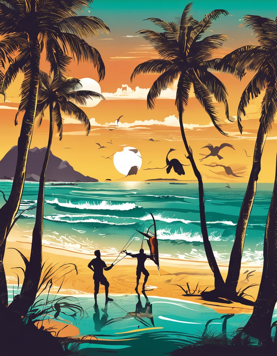 Gere uma imagem que capture a diversidade e a beleza do Brasil. Represent a coastal scene that displays the famous combination of golden sand beaches, coconut trees and the ocean of turquoise waters. in sky, Depict a vibrant and colorful sunset, refletindo nas ondas suaves. Include elements that refer to the rich culture of the country, Like musicians playing a lively samba by the sea, people wearing typical costumes dancing in a capoeira circle, e aromas de comida de rua tradicional no ar. Convey the feeling of joy, vitality and hospitality that the Brazilian people are known for. Be sure to include realistic details in people's facial expressions and clothes, assim como na textura da areia e na folhagem dos coqueiros. The image should capture the essence of Brazil as a welcoming and culturally rich tourist destination.