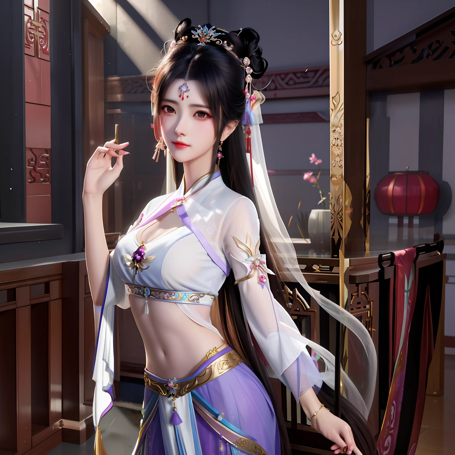 Arad woman posing for photo in white blouse and purple dress, Beautiful character painting, a beautiful fantasy empress, full-body xianxia, inspired by Du Qiong, beautiful and seductive anime woman, by Yang J, Ruan Jia and Artgerm, trending on cgstation, inspired by Chen Yifei, Inspired by Lan Ying