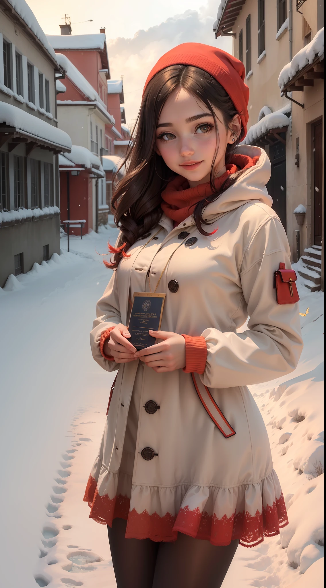 (obra de arte), (atmospheric view) Beautiful young woman in a snowy place, leve sorriso, qualidade superior, hiper detalhado, (1girl), ((roupas pretas e vermelhas)), premiere, award winning, (bird:0.9),(casaco:1.2),(bicho:0.8),(vivid colors),(Luvas:1.1),(luvas sem dedos:1.1),(sozinho:0.9),