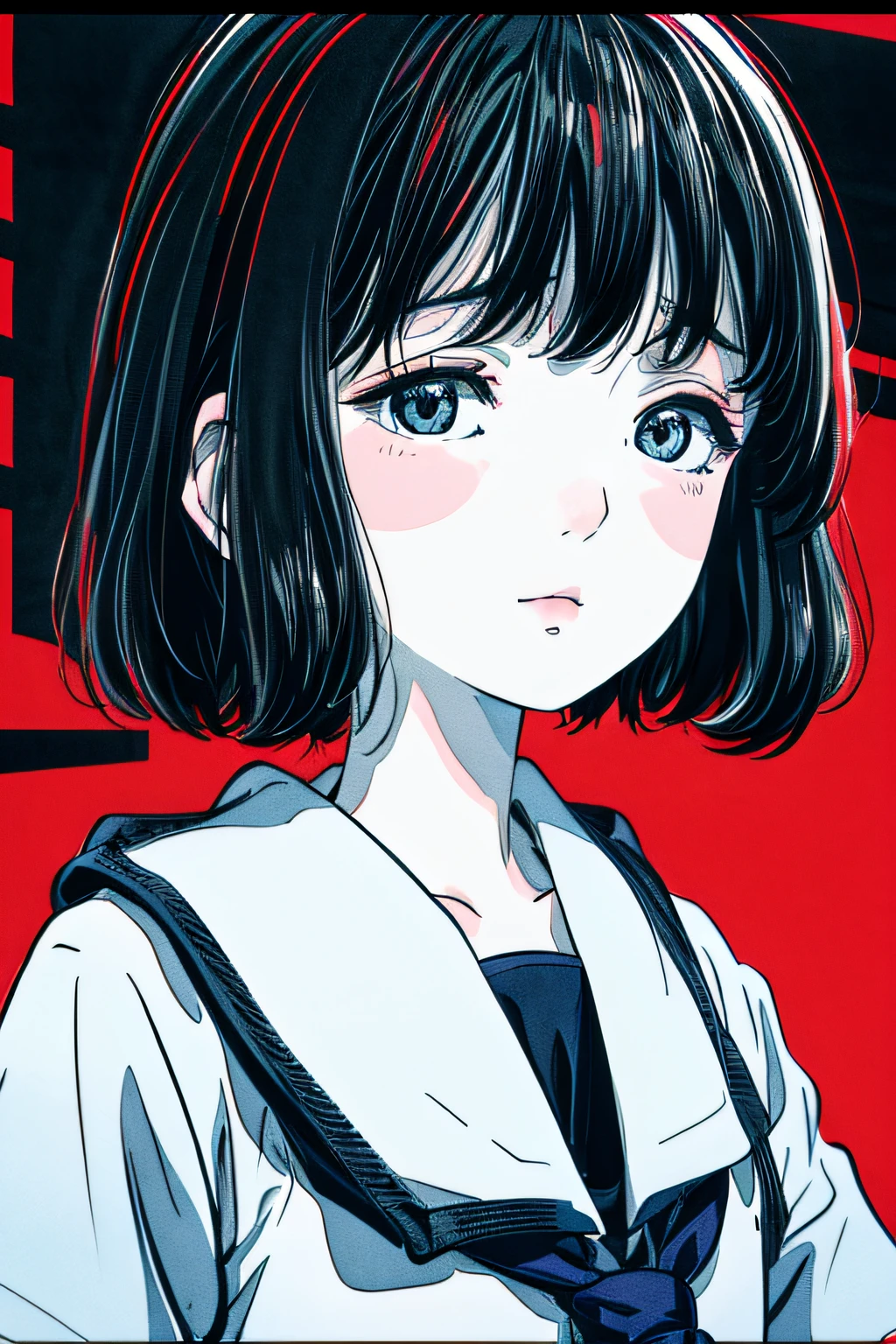 Solo_girl_hi-school girl、japanese hight school uniform,actionpose、cheerfully、Overflowing、ink art、((top-quality、8K、​masterpiece:1.3))、(Clear focus:1.2)、(comic book style),(Pop),(linear art_Anime)、(PastelColors:1.2),((monotone_High Contrast Art:1.2))、flat chest、(the complex background:1.2),(Lola:add more details:1.2)、sharp outline、sharp lineart、Urban background、