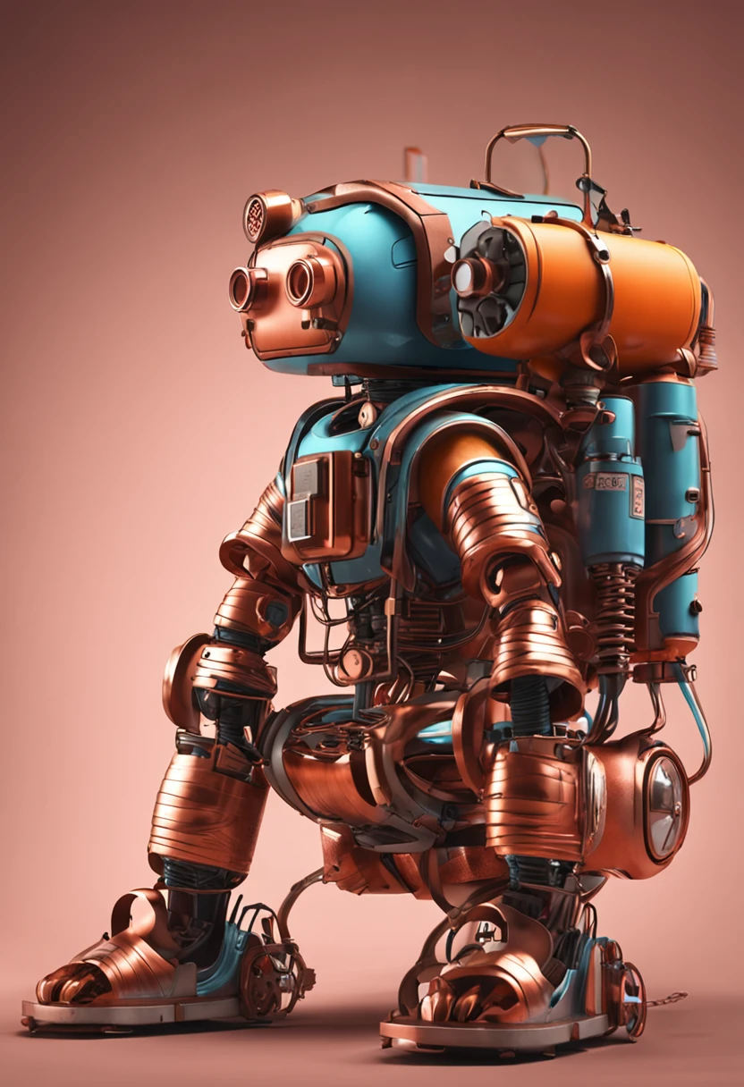 A robot made of copper tubes wearing a backpack of gas cylinders with a welding torch in hand