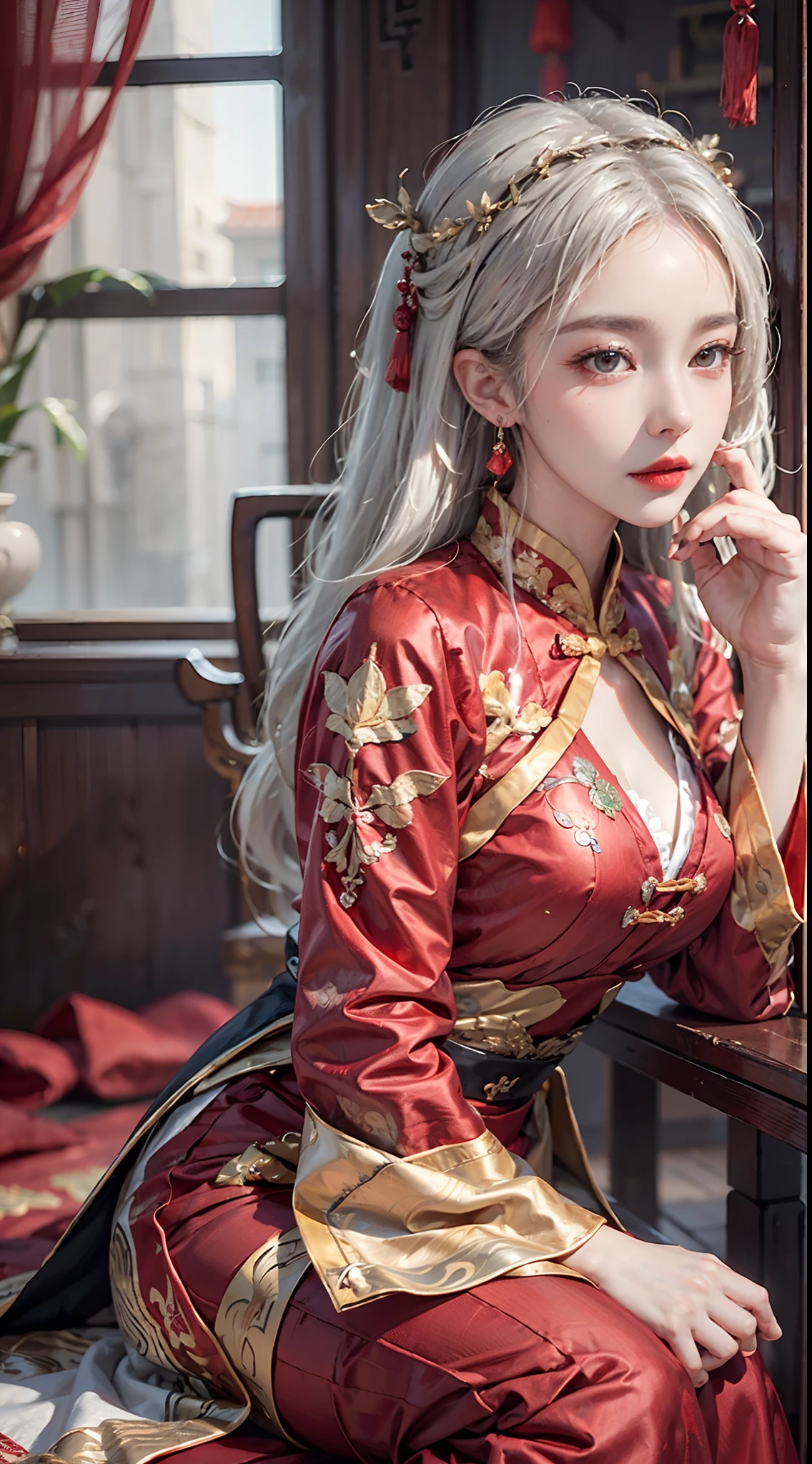 Detailed faces, Clear face, Beautiful Girl, Korean makeup, Red lips, Platinum hair, medium body, big breasts, thigh, Chinese fairy costume, Antique, sexy outfits,Yellow costume, Mid-Autumn Festival decoration, moon background mode.