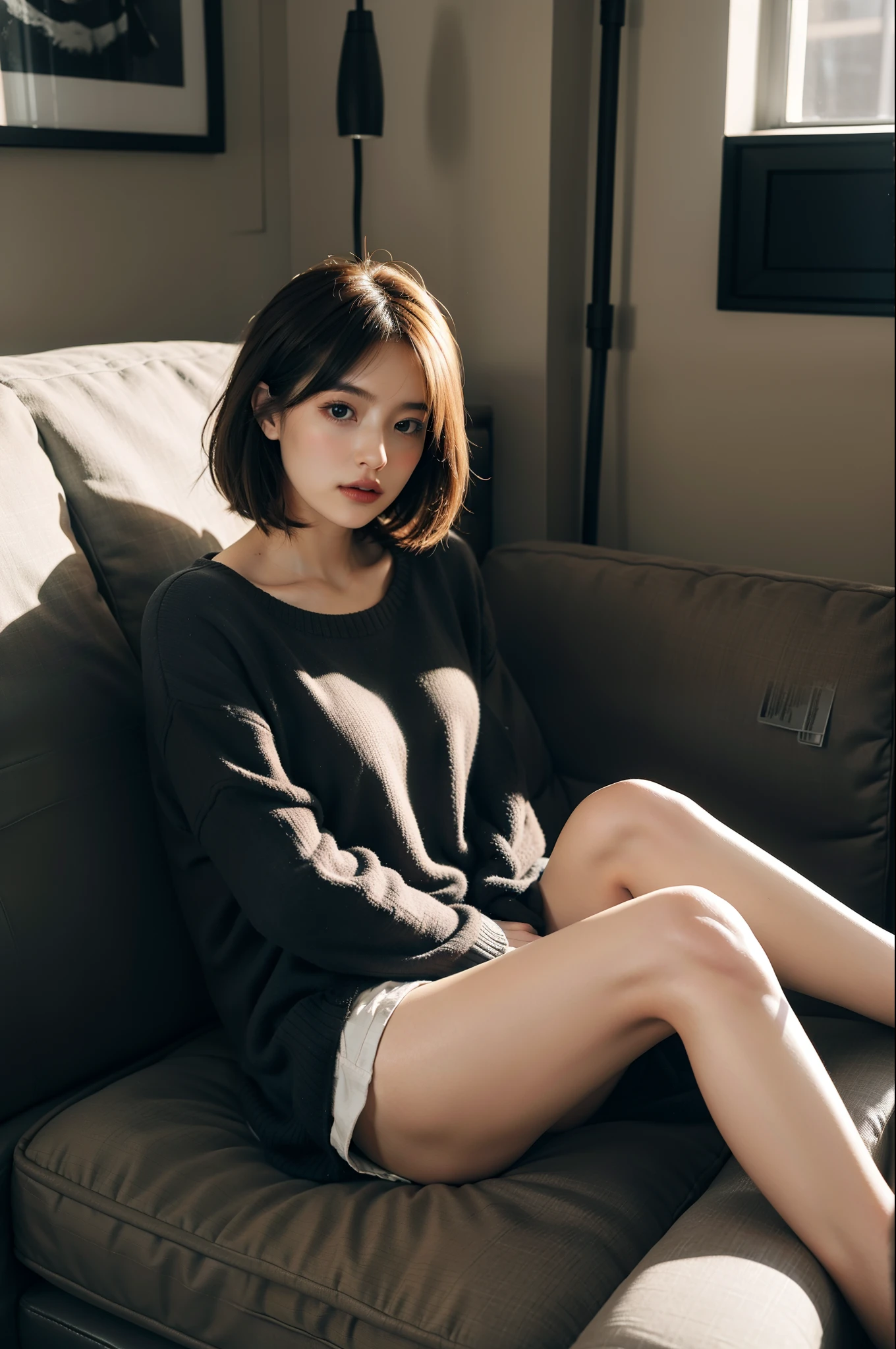 Top image quality、Raw photography、超A high resolution、An 18-year-old woman、Shooting for one person only、modelshoot、Autumn outfit、Fashionable clothes、Beautiful Eyes of Details、very elongated eyes、Beautiful eyelashes、Beautiful double eyelids、very slender legs、Shorthair with light brown hair、very slender physique、Gray walls