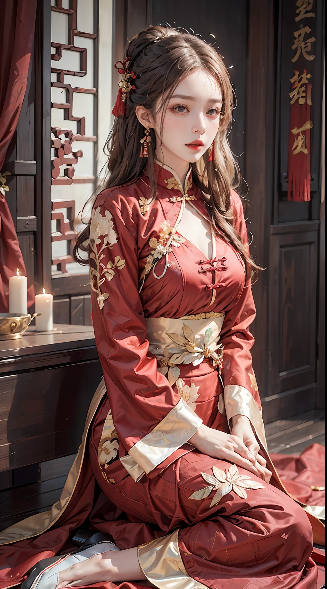 (Ultra-realistic 8k CG: 1.2), perfect artwork, delicate patterns, intricate details, (unparalleled masterpiece, best quality: 1.2), (extremely complex: 1.2), a woman in a red and gold dress, phoenix crown, hair stick, makeup, blush, shyness, white hair, looking down, cosmetics, (forehead point), (2 red candles), Chinese_clothes, curtains, earrings, hair_ornament,hanfu, interior, jewelry, red nails, long_sleeves, red dress, red lips, tassels, (red quilt), (red palace: 1.2), (ancient Chinese architecture), (red: 1.8), night