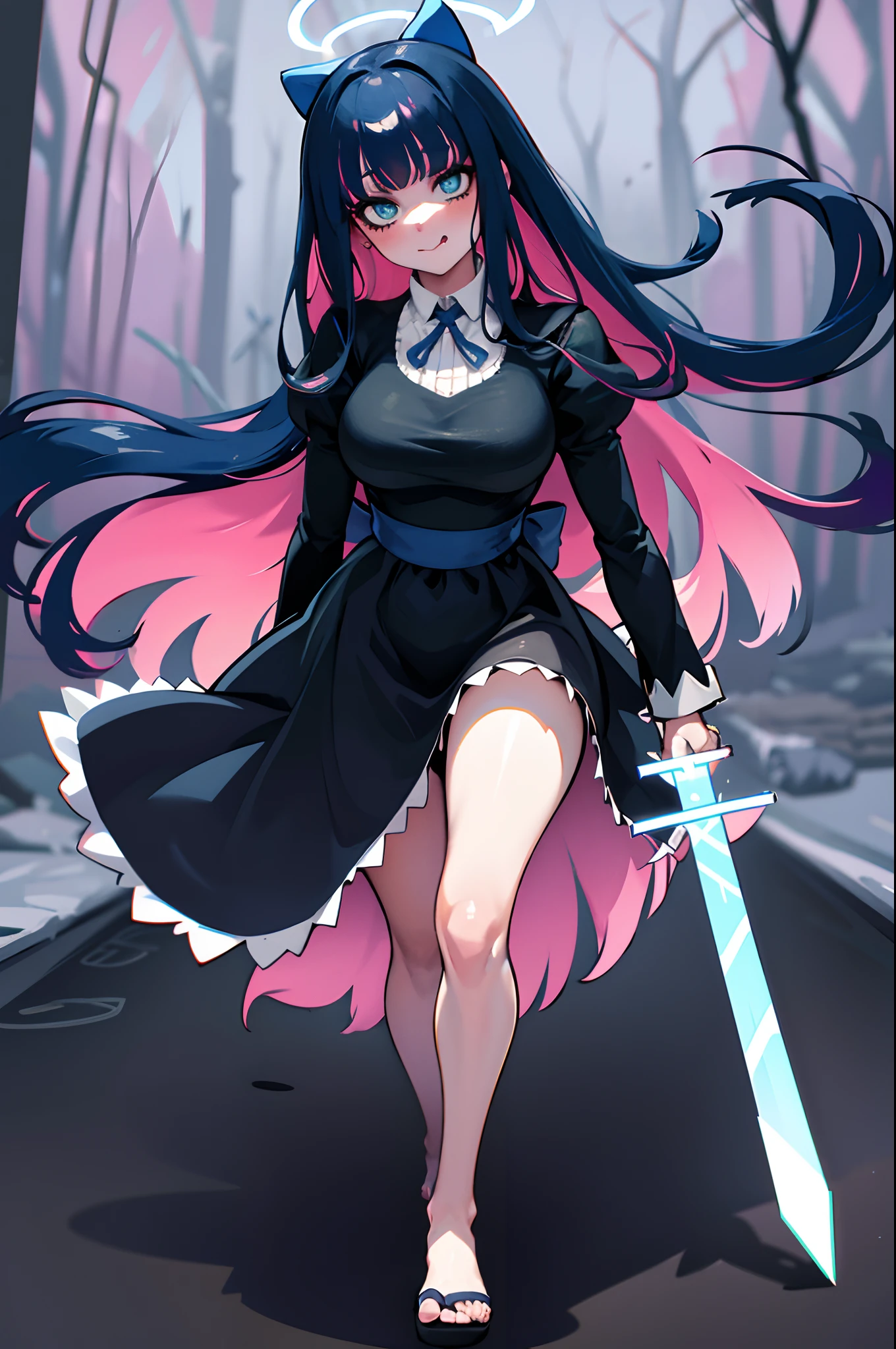 (masterpiece, best quality:1.2), stockingpsg, looking at viewer, blush, large breasts, castle, thighhighs, long sleeves, depth of field, ribbon, hair bow, tongue, tongue out, blunt bangs, nail polish, black dress, aqua eyes, blue bow, blue nails, arm behind back, :q, dynamic camera, cinematic camera, head tilt, chromatic aberration, specular lighting, angel wings, halo, long skirt, large skirt, fullbody, flipflops, walking, village, forest, holding (sword),