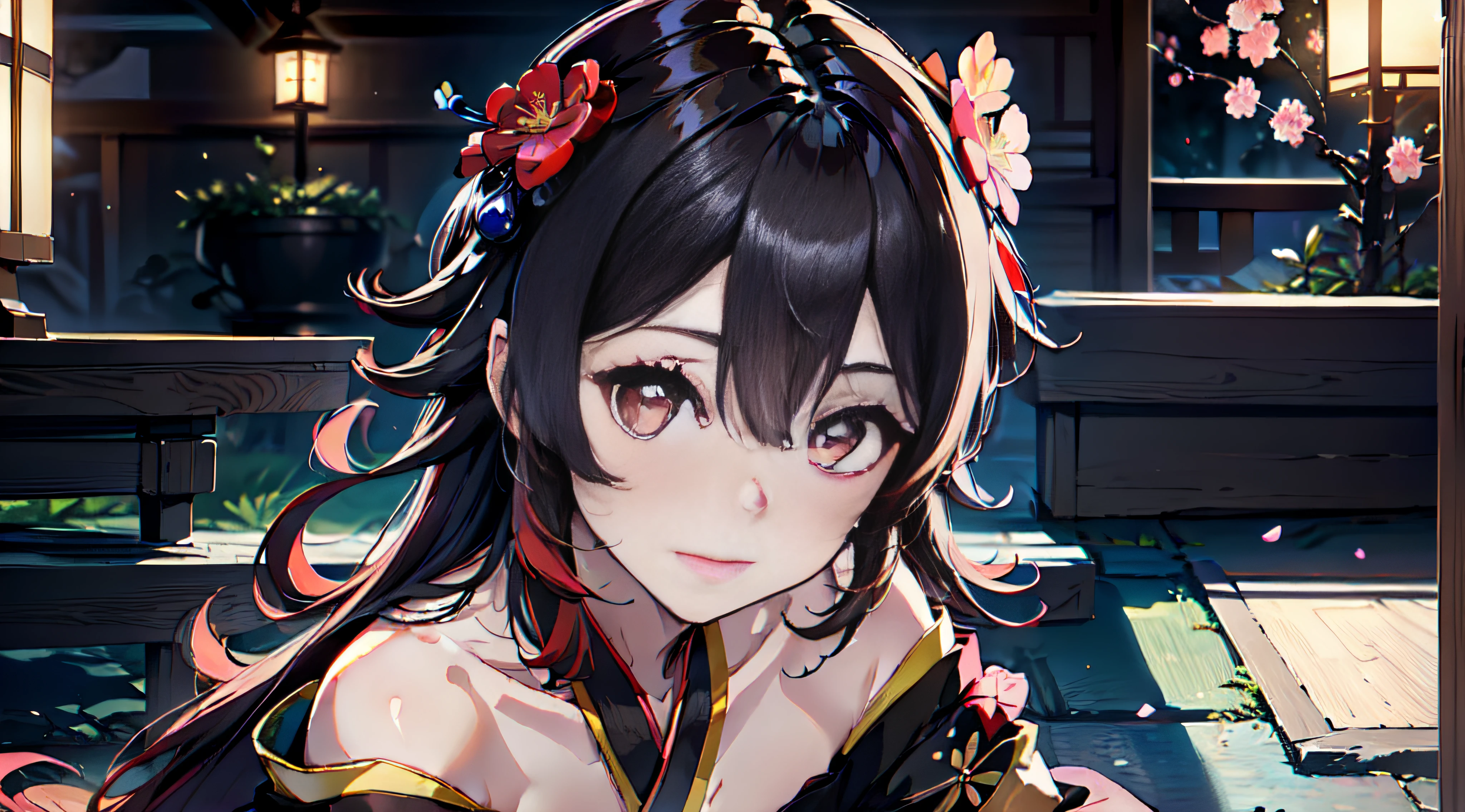 masterpiece, best quality, extremely detailed, absurdres, expressive clothes, fine fabric emphasis, ray tracing, fantasy style, 1girl , upper body , portrait , tilted head , hanfu , obi , kimono , (split-color hair:1.4) , off shoulder, pink eyes , Japanese architecture, indoor , light and shadow, crystal flower,hutao\(genshin\),