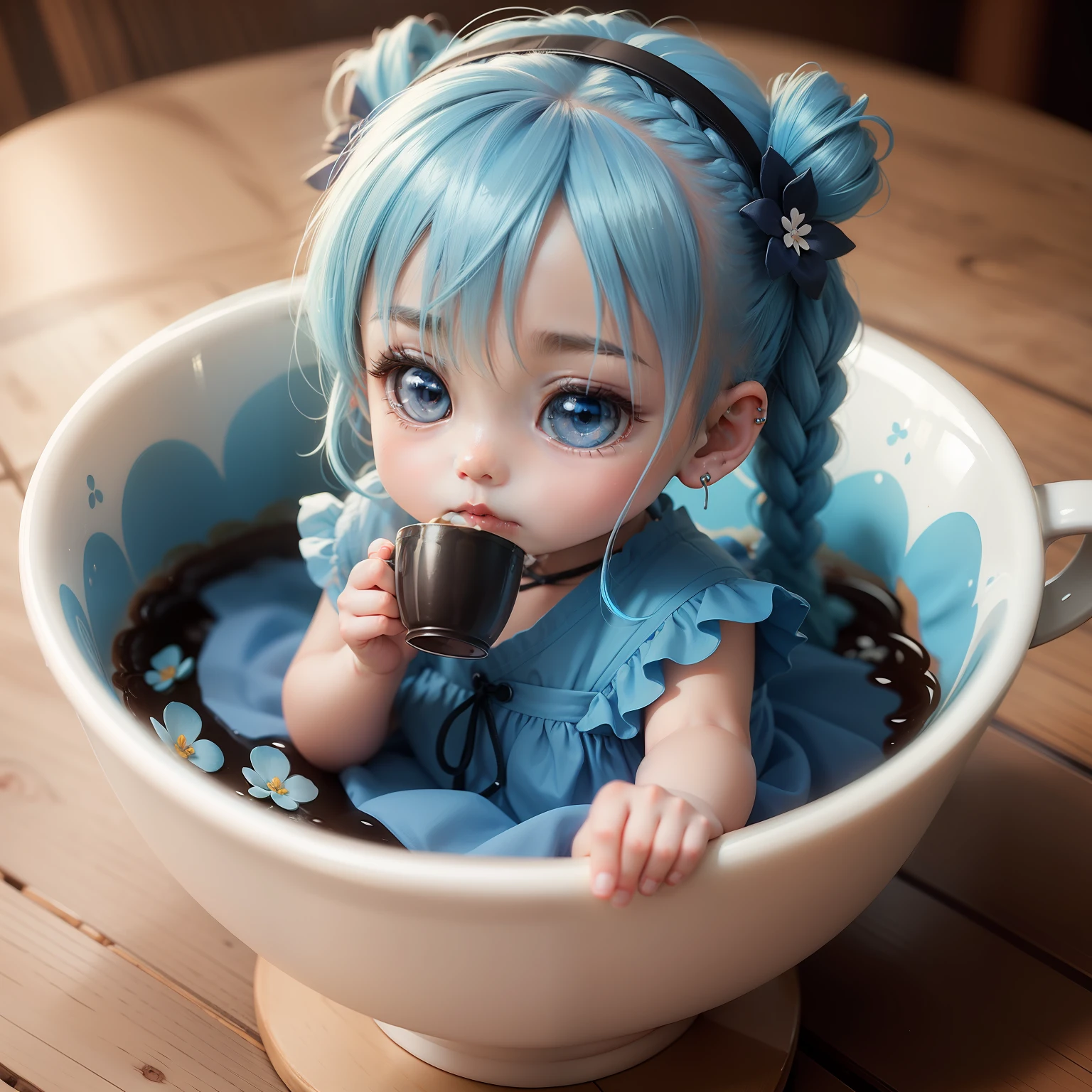 Cute Baby Chibi Anime,Blue hair in a braided ponytail,Blue Dress,Flower Japanese style hair ornament,piercings,Sit in a coffee cup