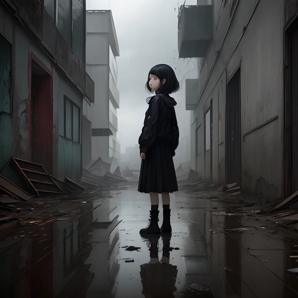 废墟,Dilapidated building,wreckage,A girl dressed in black,Gray and dark style,Look sideways and back,rainy sky,Step on a puddle,cabelos preto e longos,red pupils